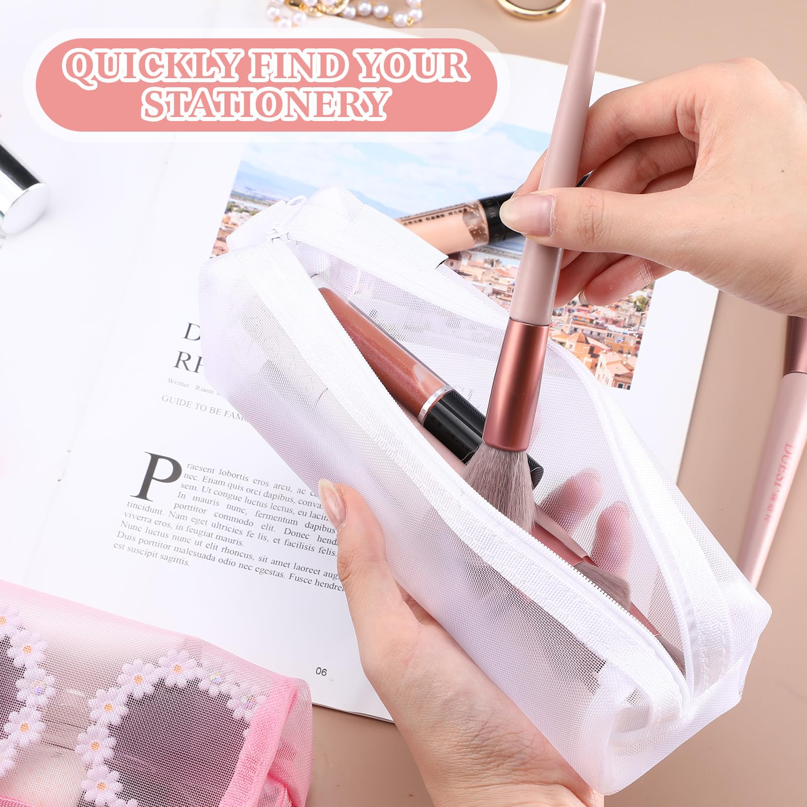 3 Pack Clear Mesh Makeup Brush Bags with Zipper - Travel Cosmetic Organizer Pouch for Brushes & Toiletries | Perfect for Travel, Gym, and Daily Makeup Organization