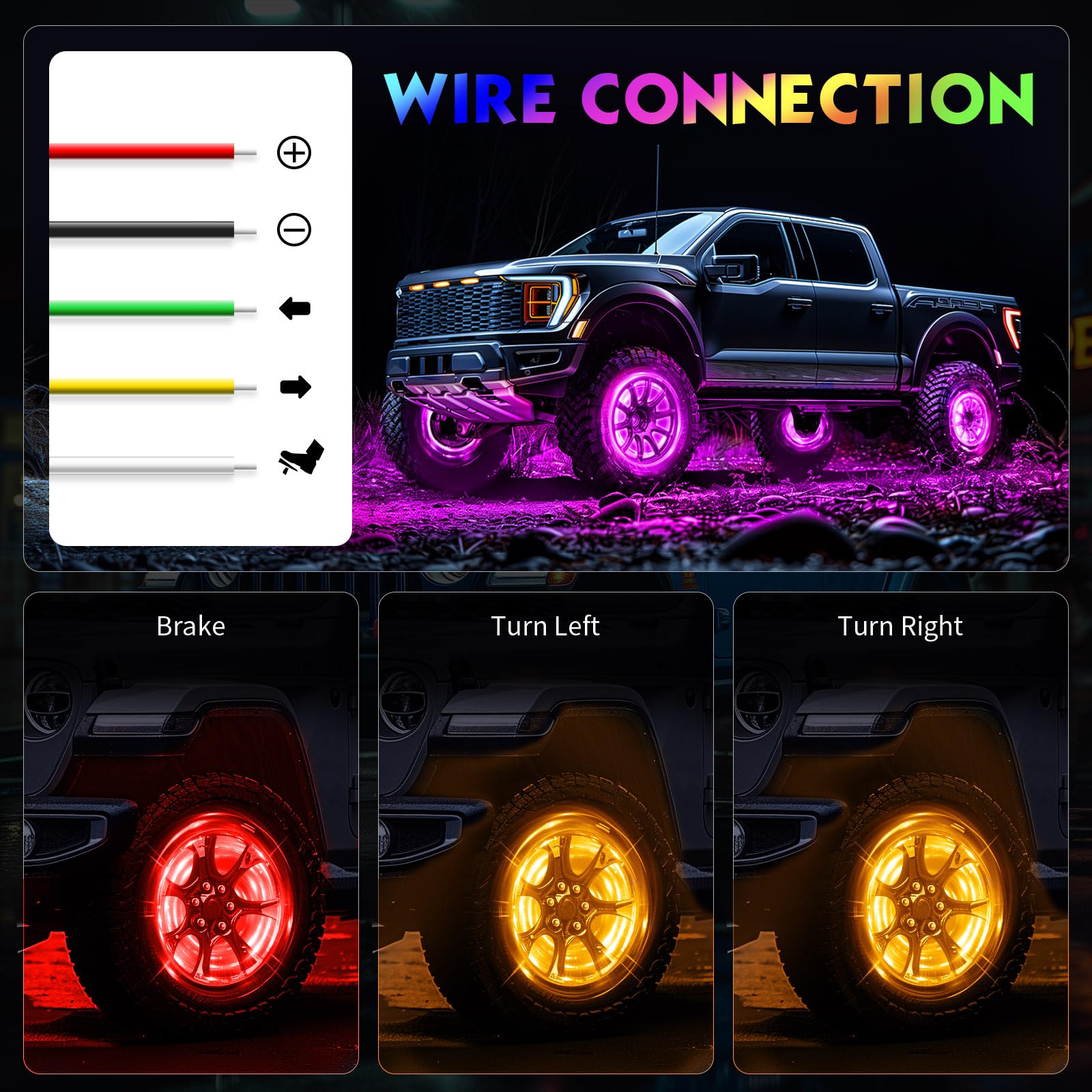4PCS 17.5inch RGB LED Wheel Rim Lights with Bluetooth & Remote Control - Multi-Color Wheel Ring Light Kit with Turn Signal & Braking Function for Pickup Trucks, SUVs & Cars (17.5inch) - Enhance Night Driving Safety & Customize Your Ride's Style