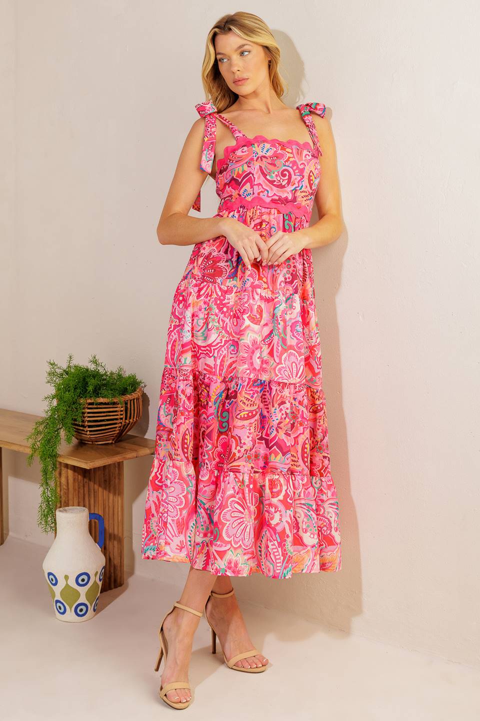 Stylish Paisley Midi Dress in Fuchsia - Perfect for Summer Outings, Parties & Casual Wear