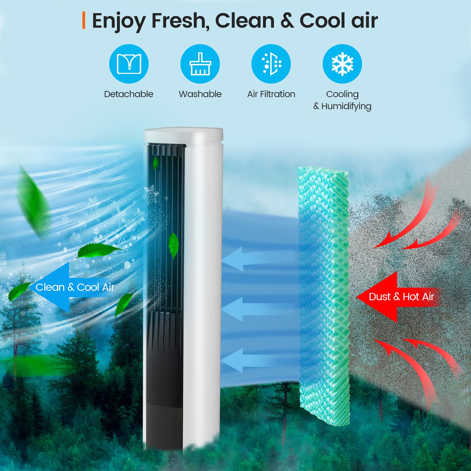 COSTWAY 40-Inch Portable Evaporative Air Cooler with Remote Control - Bladeless Cooling Tower Fan with 4 Speeds, 7H Timer, 60° Oscillation - Includes 4 Ice Packs - Quiet Swamp Cooler for Home, Office, Bedroom & Outdoor Use