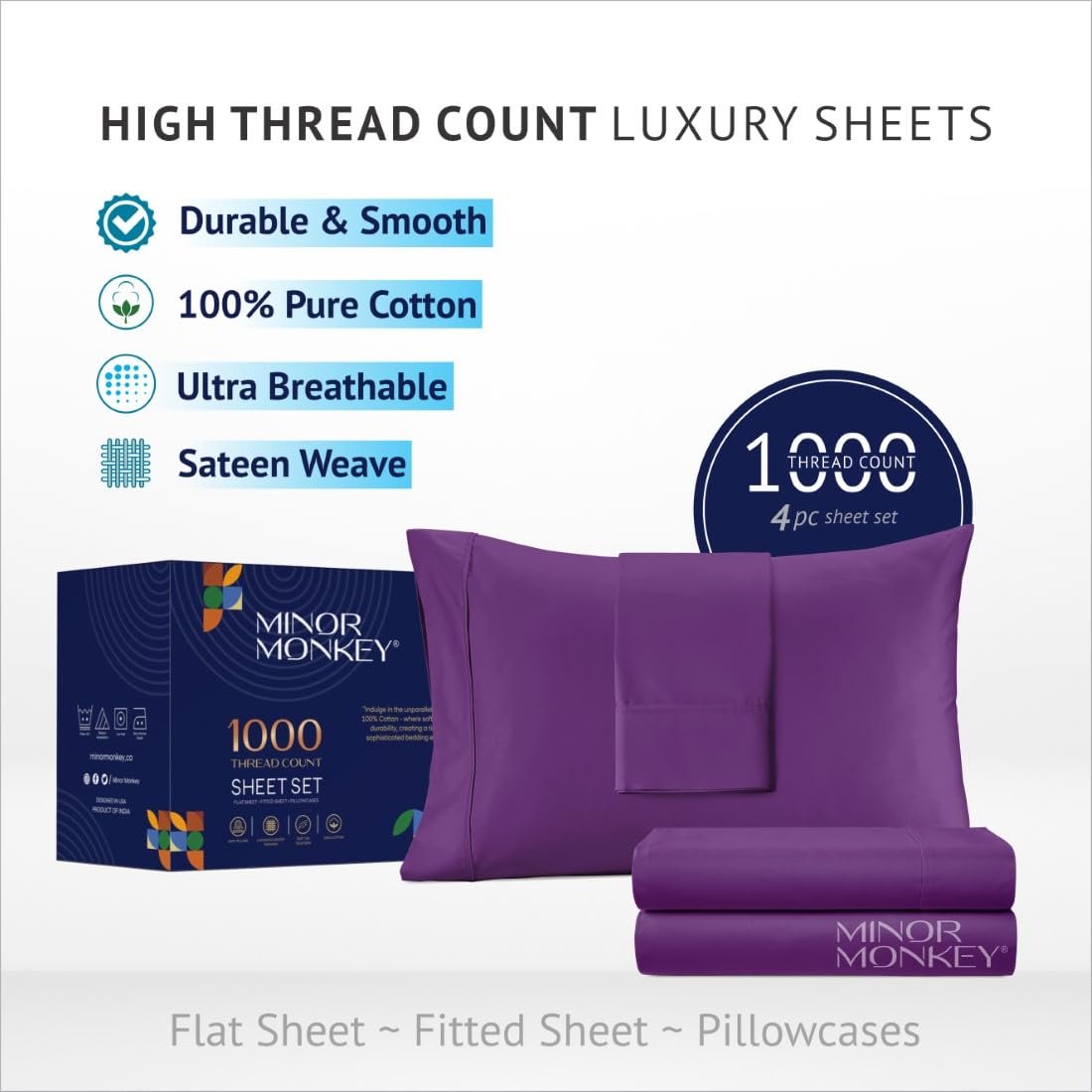 Luxury 1000 Thread Count King Size Egyptian Cotton Sheets Set - 4Pc Soft Sateen Weave Bedding with 16