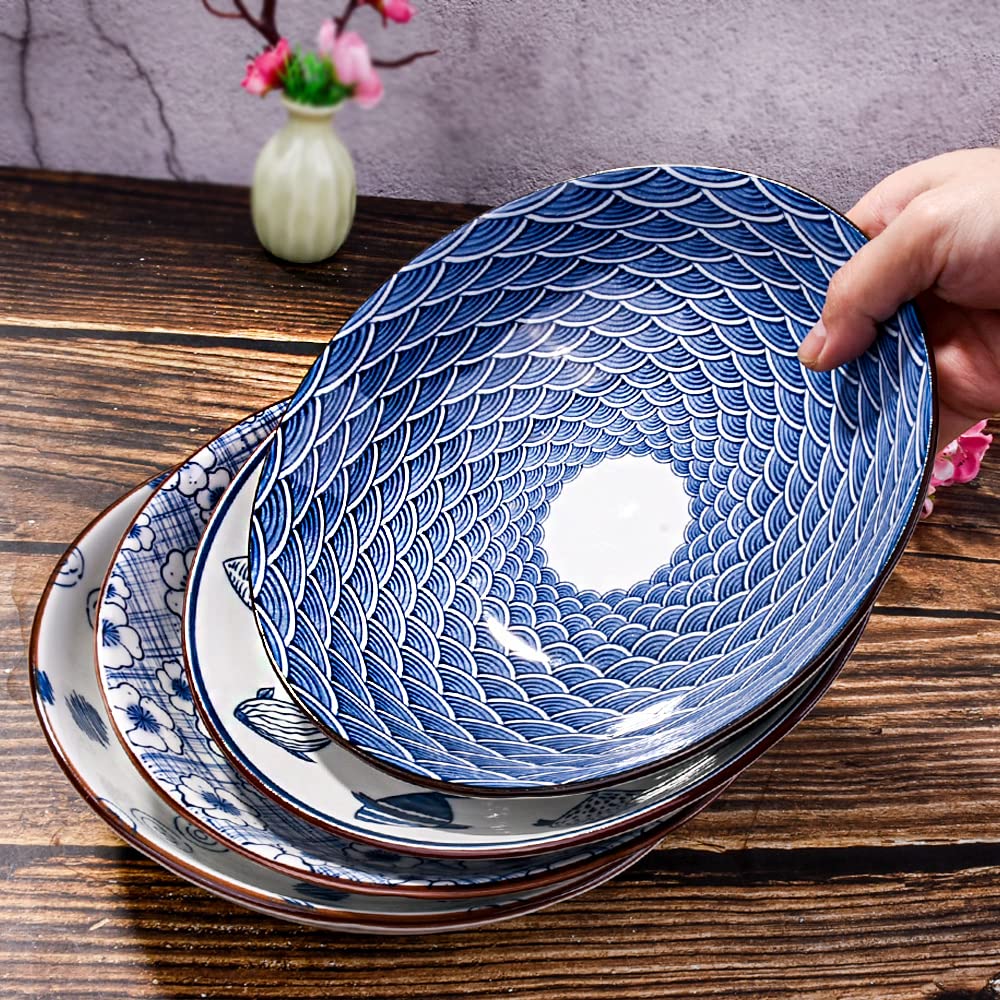 Ceramic Dinner Plates Set of 4 - Blue and White Floral Pasta Bowls, Salad & Dessert Plates | Microwave & Dishwasher Safe | Perfect for Pasta, Appetizers, Snacks & Family Dinners