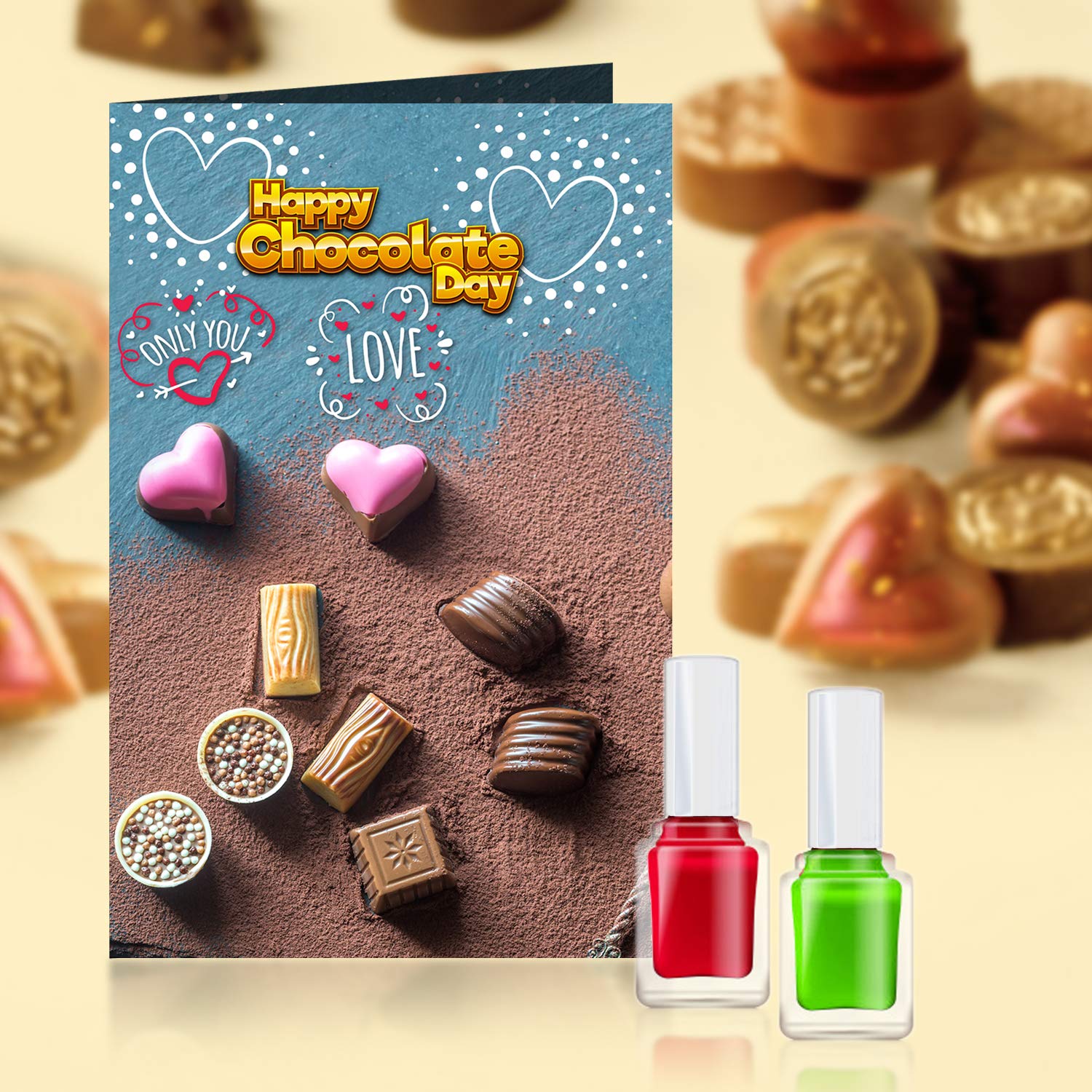 Happy Chocolate Day Love Only You Greeting Card with 2 Long-Lasting Nail Polish Set - Multicolor Combo Gift for Women | Valentine's Day, Anniversary & Romantic Occasions