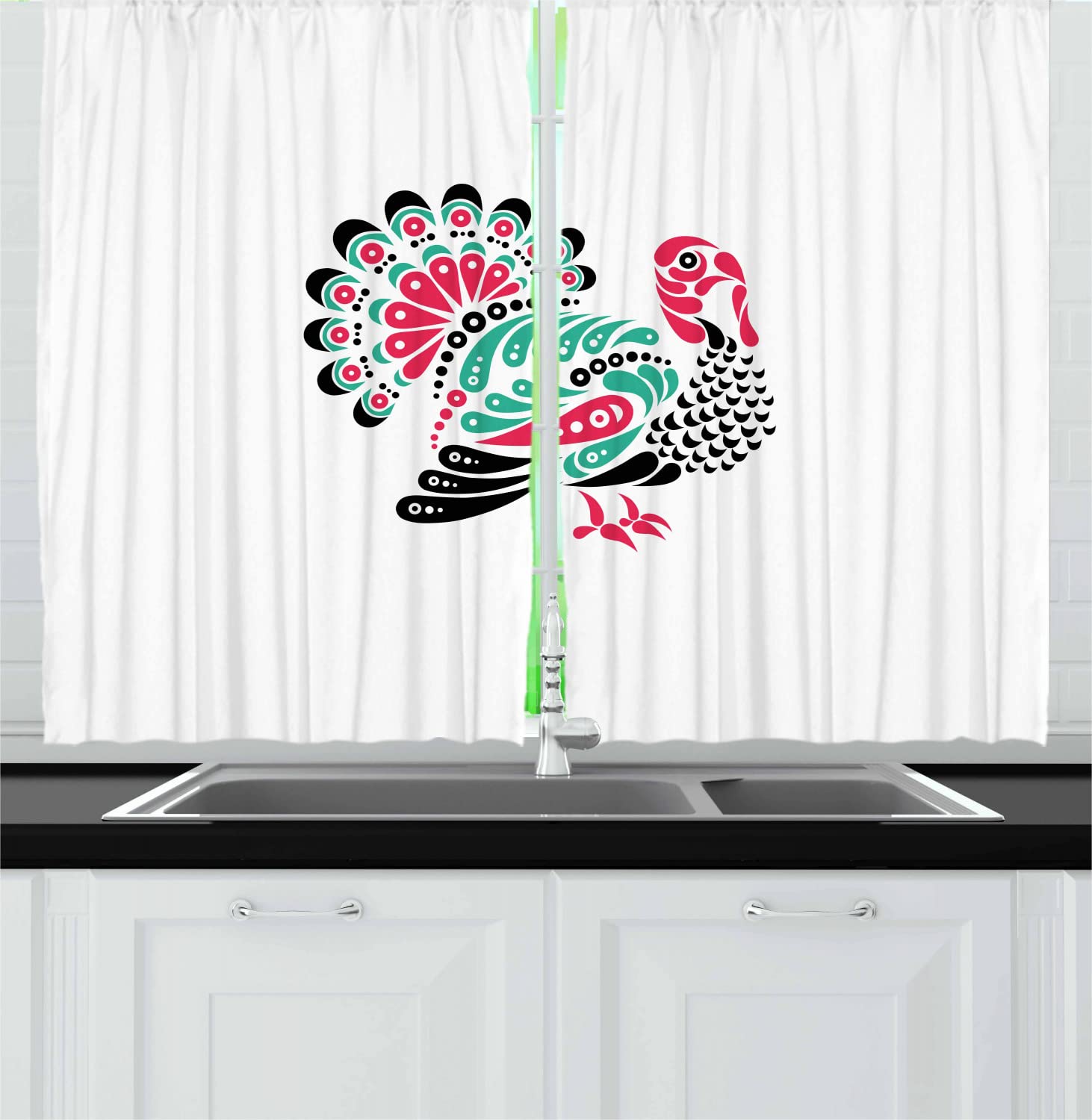 Ambesonne Turkey Themed Long Kitchen Curtains - Thanksgiving Animal Print with Paisley Design, 2 Panel Rod Pocket Drapes, 55