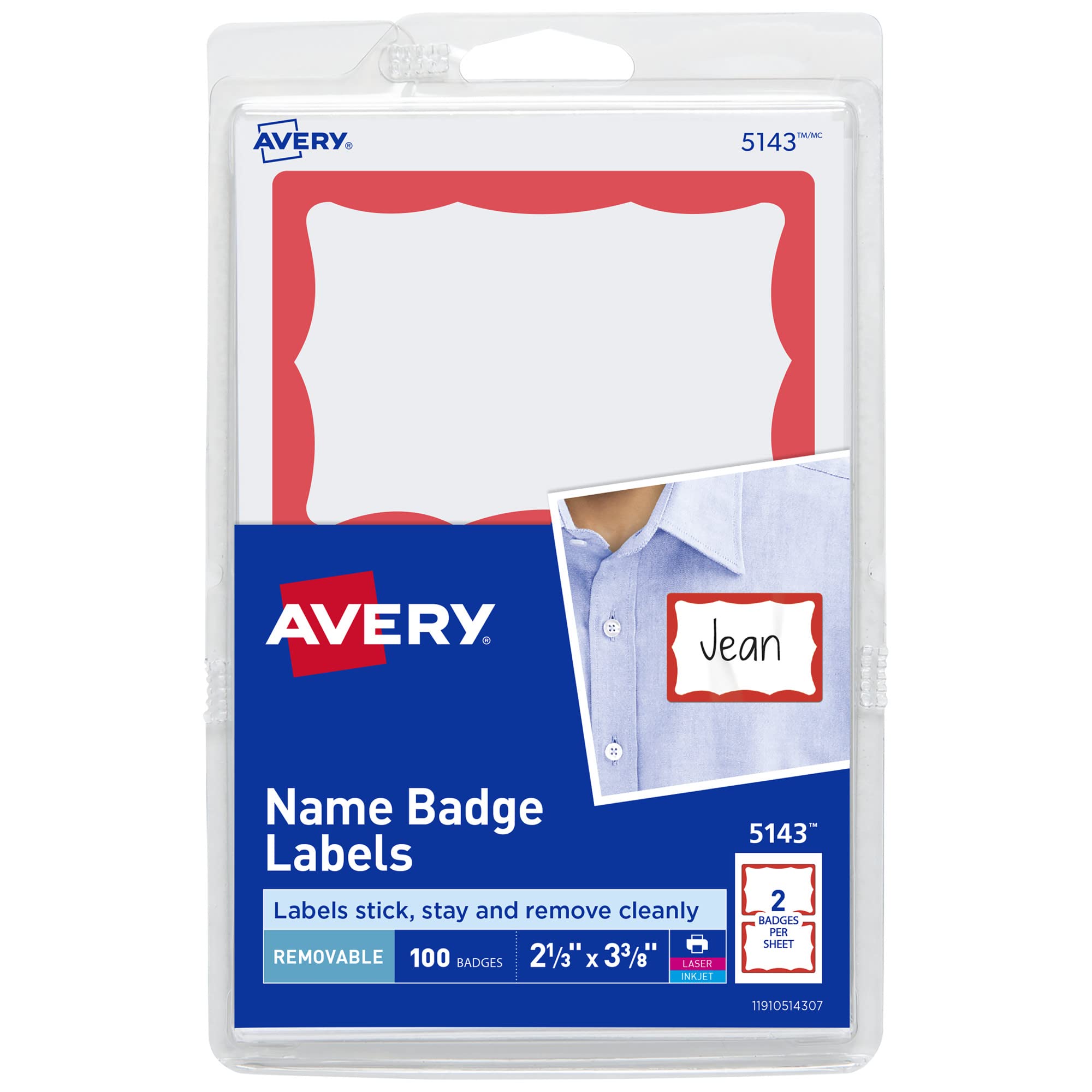 Avery Removable Name Tags - 100 White Name Badges with Red Border (05143) for Office, School, Events & Conferences