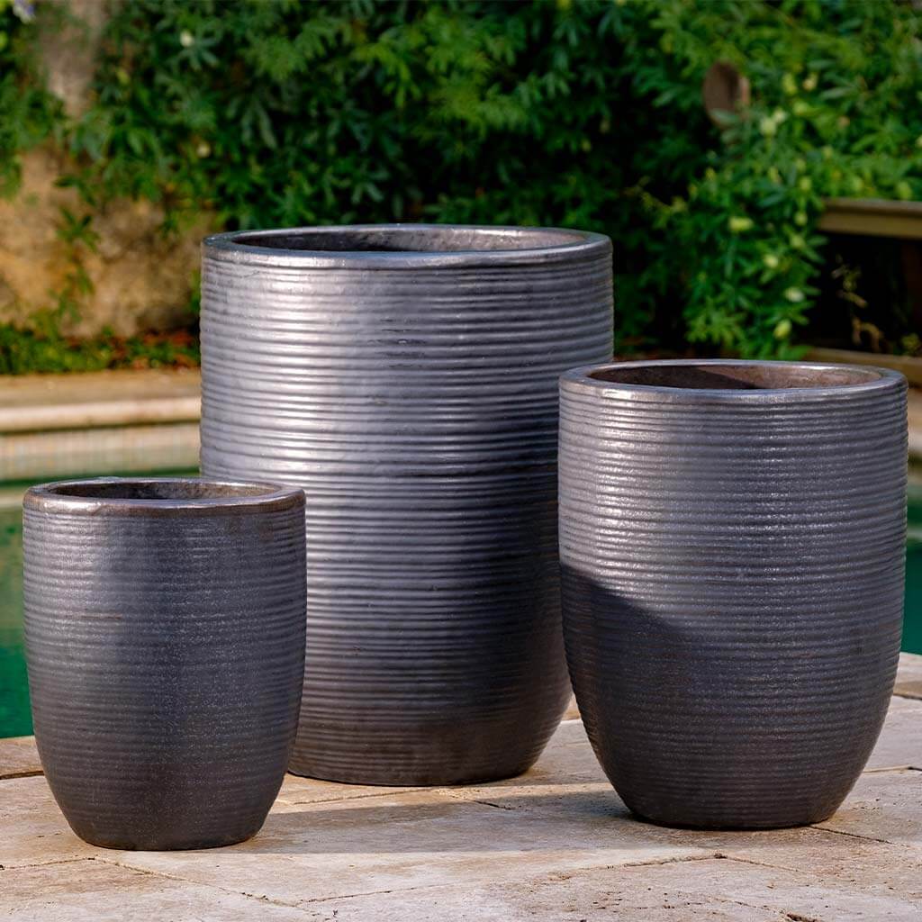 Campania International Riga Planter Set of 3 - Modern Graphite Outdoor Flower Pots for Patio, Garden & Home Decor | Durable Weather-Resistant Planters for Succulents, Herbs & Small Plants