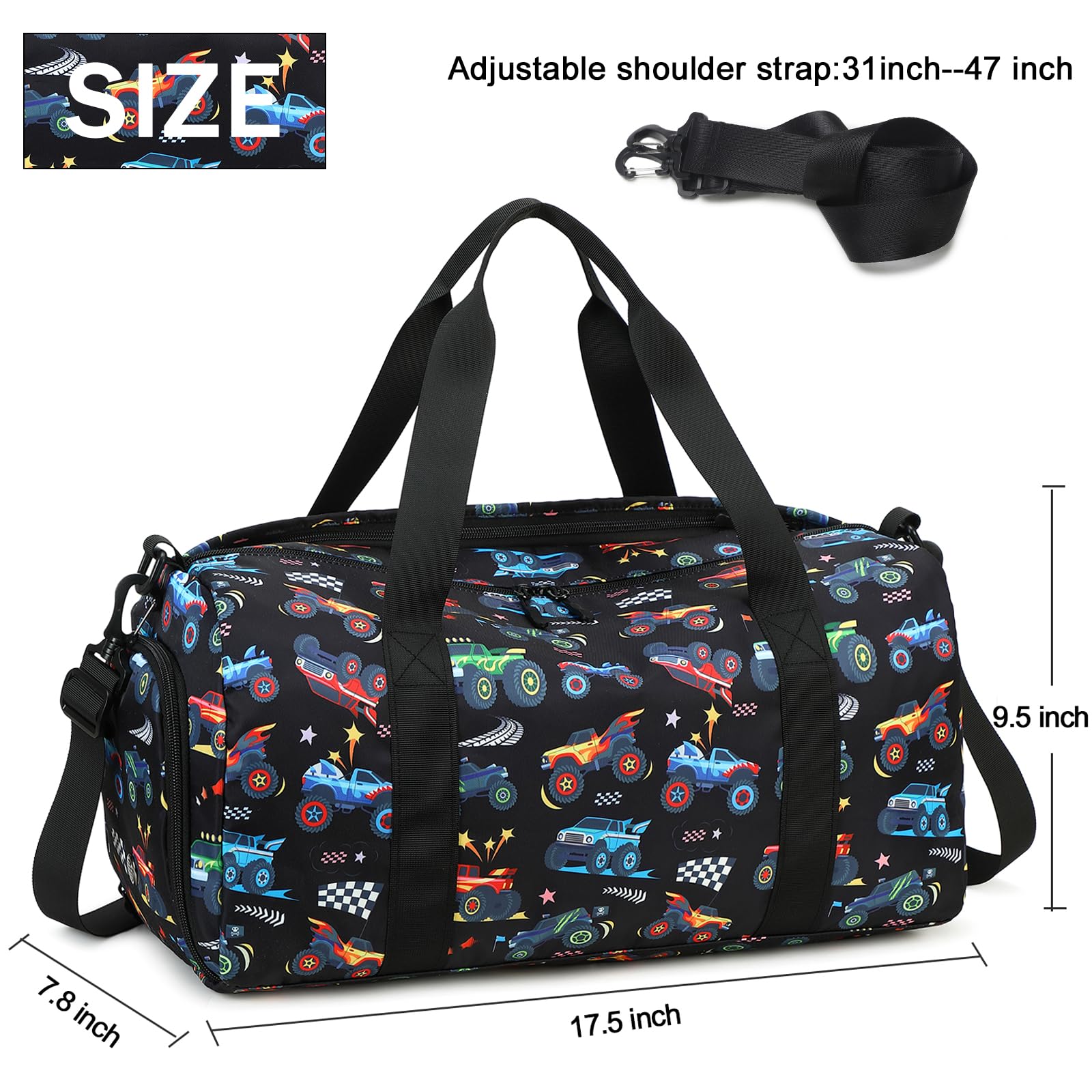 BTOOP Kids Overnight Duffle Bag for Boys - Soccer Sports Gym Bag with Shoe Compartment, Toddler Weekender Travel Backpack for Sleepovers, School & Sports (Truck-Black) - Perfect for Weekend Trips, Soccer Practice & Sleepover Parties
