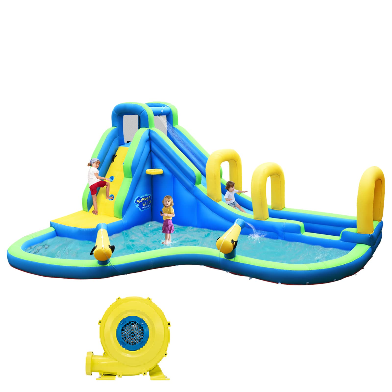 OLAKIDS Inflatable Water Slide with Bounce House, Climbing Wall, Splash Pool & Basketball Hoop - Includes 2 Water Guns, Carrying Bag, Repair Kit, Hose & Blower - Perfect for Backyard Parties, Summer Fun & Kids Outdoor Activities