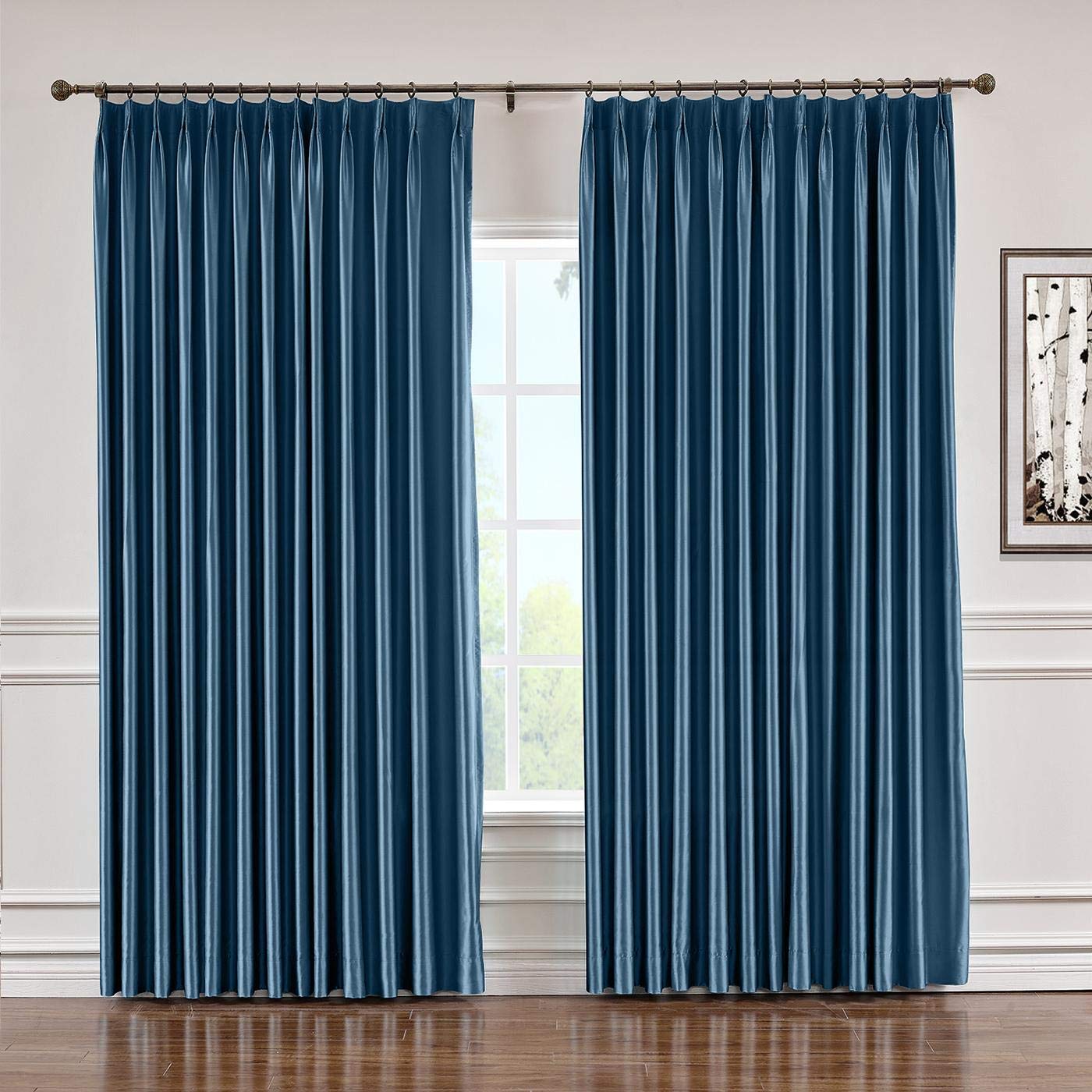 TWOPAGES Navy Blue Pinch Pleat Blackout Curtains for Bedroom - Faux Silk Light Reducing Window Drapes (1 Panel, 84x84 Inches) - Perfect for Living Room, Nursery & Home Theater