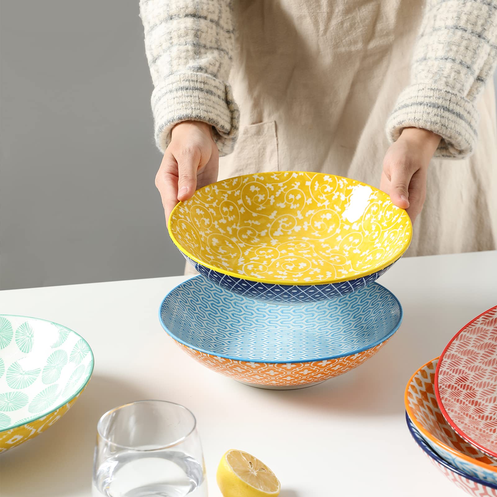 Selamica 40oz Porcelain Pasta Bowls - Set of 6 Large 9-Inch Microwave & Oven Safe Salad Serving Bowls in Vibrant Colors - Perfect for Family Dinners, Entertaining & Meal Prep