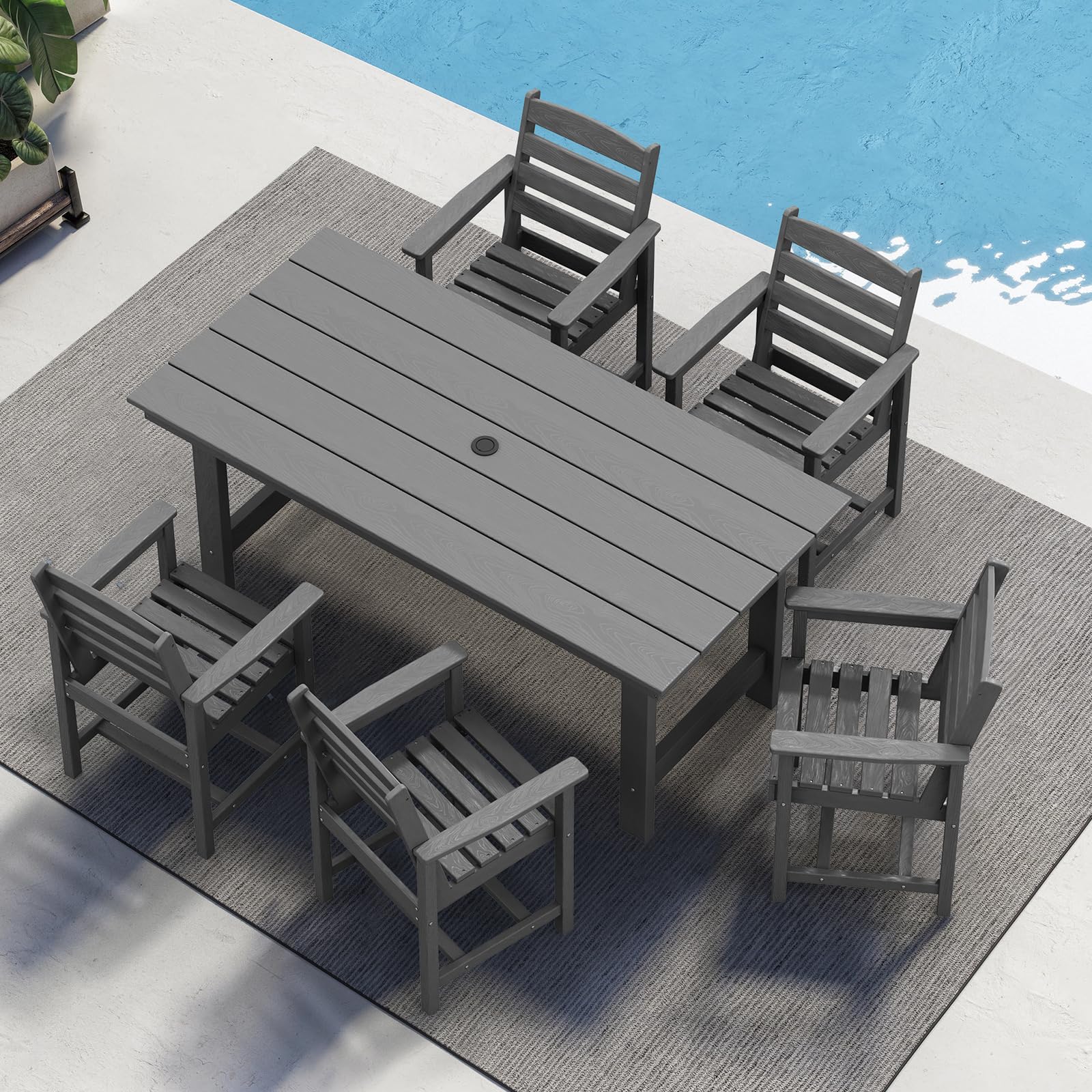 SERWALL 7-Piece Outdoor Dining Set with Umbrella Hole - HDPE Gray Patio Table & 6 Chairs - Perfect for Backyard, Garden, Poolside & Outdoor Entertaining
