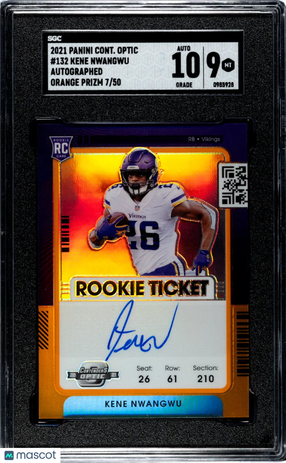2021 Contenders Optic Kene Nwangwu Rookie Ticket Orange Prizm Auto SGC 9/50 - Rare Football Trading Card for Collectors & Fantasy Sports Fans