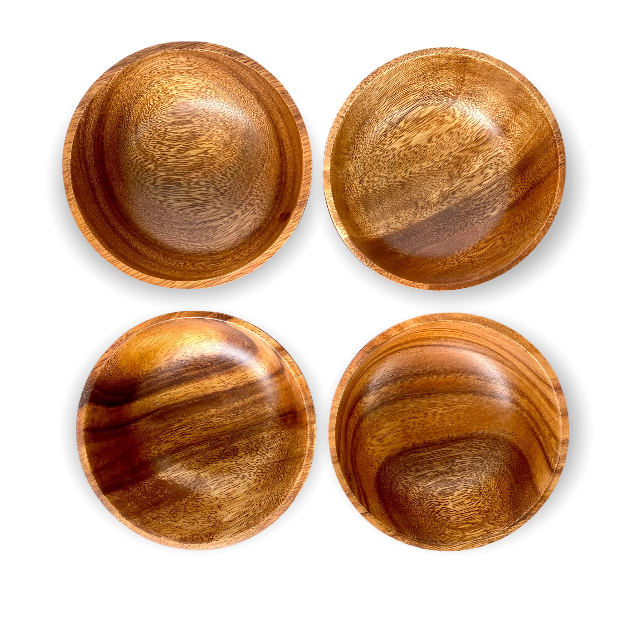 Handmade Acacia Wood Bowl Set of 4 - 7” Round x 2” Tall Natural Wooden Bowls for Salads, Snacks & Desserts | Rustic Durable Kitchen & Dining Tableware | Perfect for Individual Portions, Entertaining & Home Decor