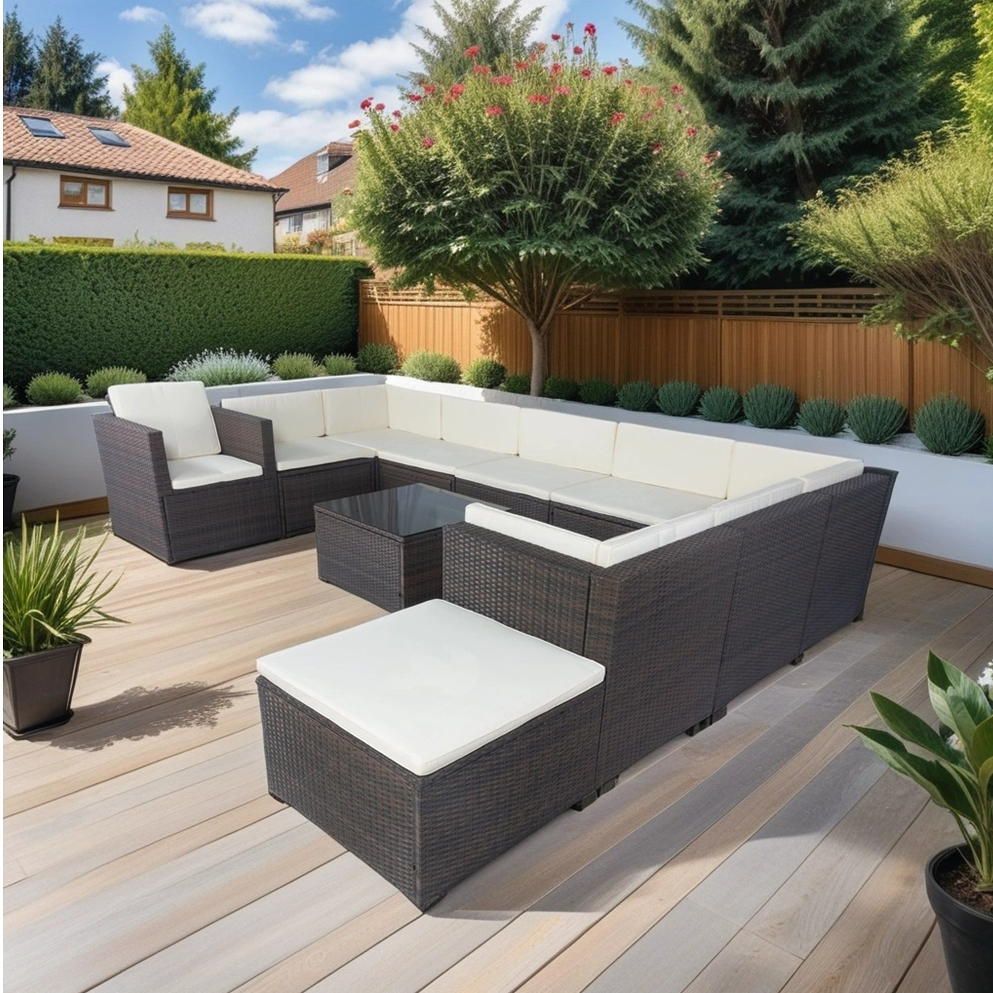 11-Piece Brown Wicker Patio Conversation Set with White Cushions - 10-Seater Outdoor Sectional Sofa with 3 Under-Seat Storage Boxes - Perfect for Backyard, Garden, Poolside & Patio Relaxation