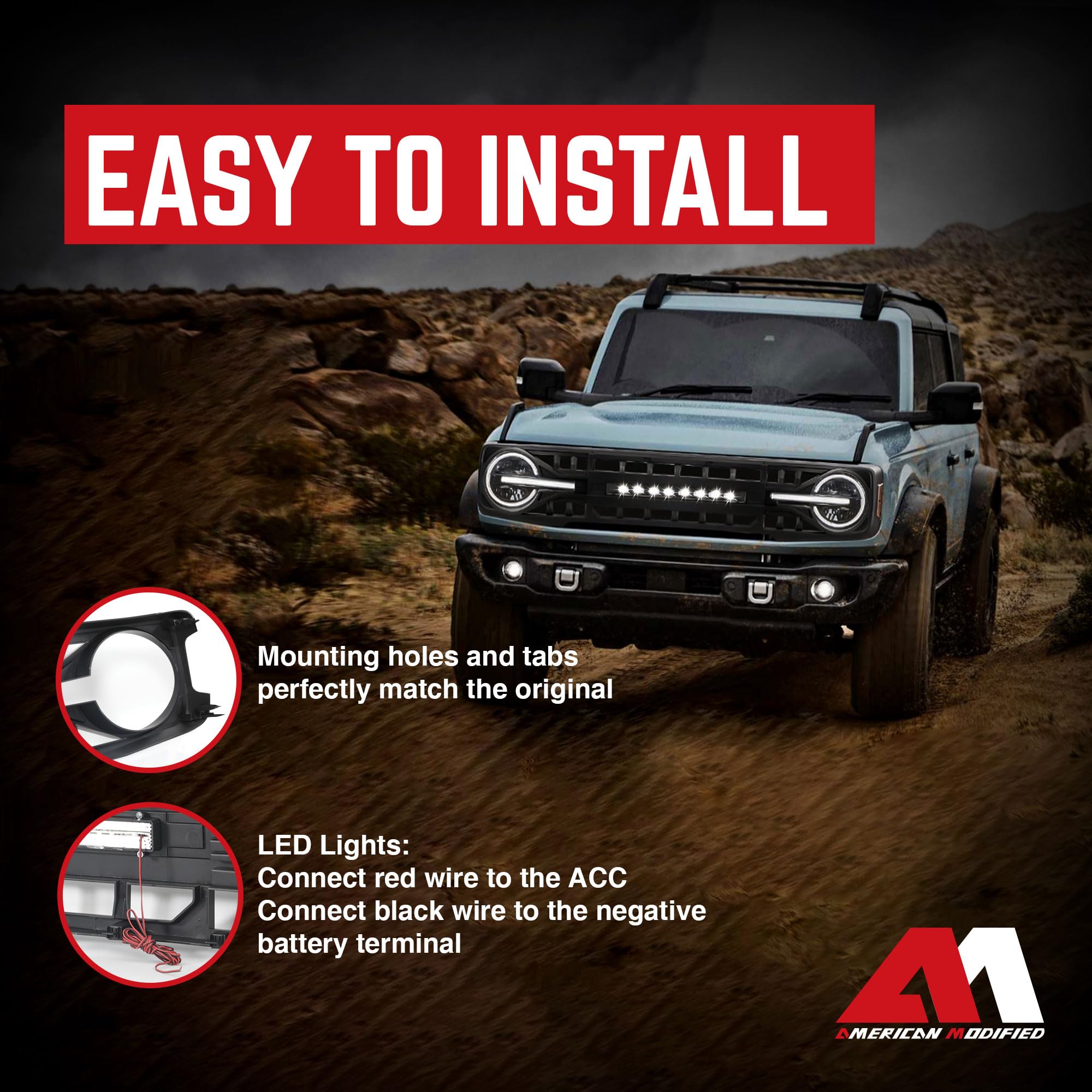 2021-2023 Ford Bronco Front Armor Grille Replacement | Matte Black Off-Road Bumper Grill with LED Light Mounts | Perfect for Off-Roading, Overlanding & Truck Customization