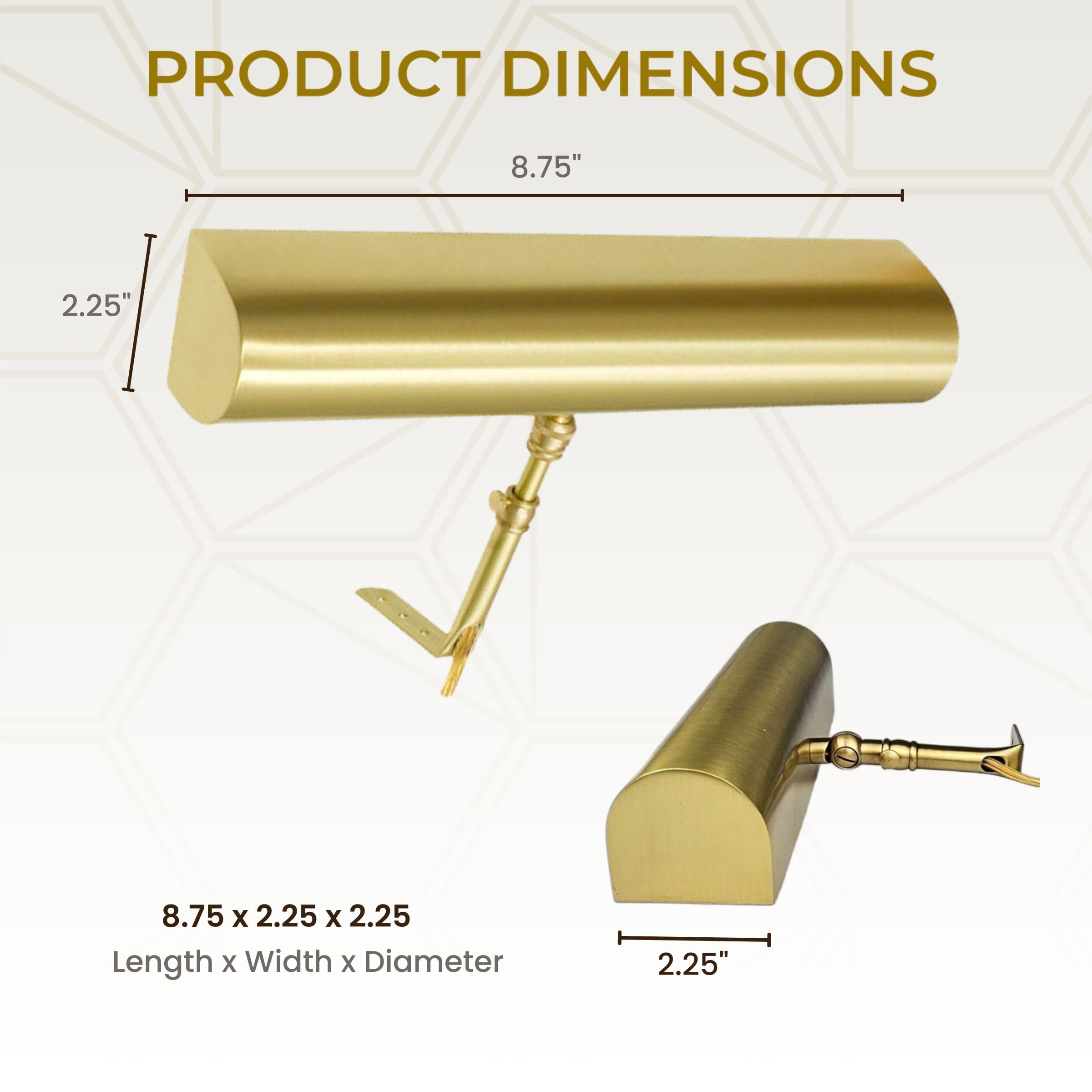 Royal Designs Plug-in Picture Light - 12 ft Cord with Hi/Low/Off Switch, Brushed Satin Brass Gallery Lighting for Artwork & Wall Decor (8.75 Inch) - Perfect for Home, Office & Museum Display