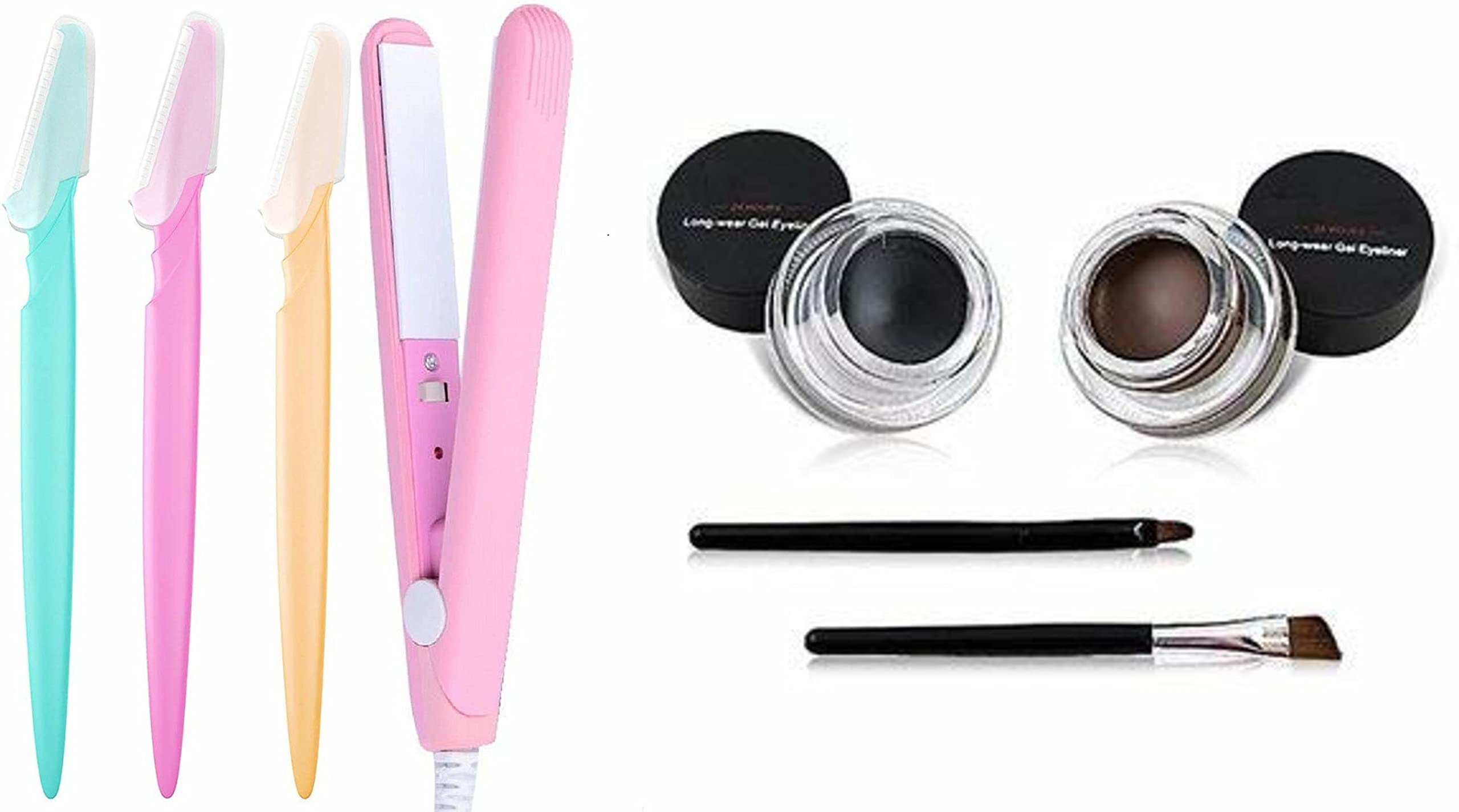 KHUSHI Smudge-Proof Waterproof Gel Eyeliner, Eyebrow & Facial Hair Remover, Mini Hair Straightener Combo Kit - Perfect for Makeup, Eyebrow Grooming & Quick Hair Styling