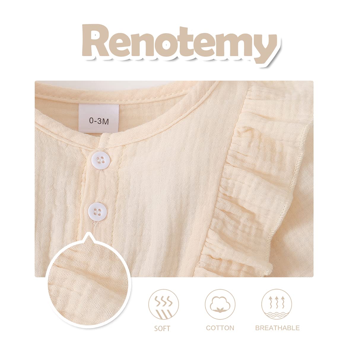 Renotemy Newborn Baby Girl Clothes - Soft Cotton Linen Romper with Ruffle Detail | Cute Solid Color Jumpsuits for 0-24 Months | Perfect for Photoshoots, Playdates & Special Occasions