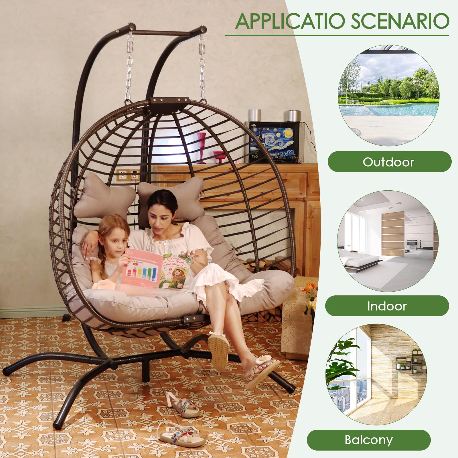 NICESOUL 2-Person Double Egg Chair - Indoor/Outdoor Patio Wicker Hanging Loveseat with Stand, Comfortable Cozy Swing Egg Chair with Double Padded Seats (680lbs Capacity) - Perfect for Backyard, Balcony, Bedroom & Garden Relaxation (Grey)