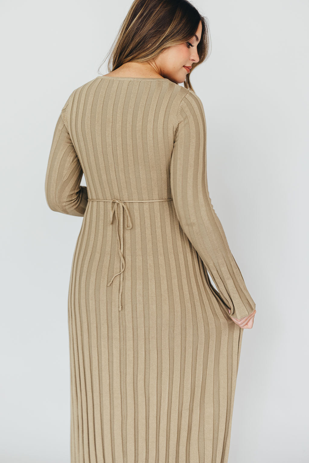 Hadley Long Sleeve V Neck Knit Maxi Dress for Women - Elegant Dune Color, Flowy Boho Style, Comfortable Stretchy Fabric | Perfect for Fall, Winter, Date Night, Office Wear and Special Occasions
