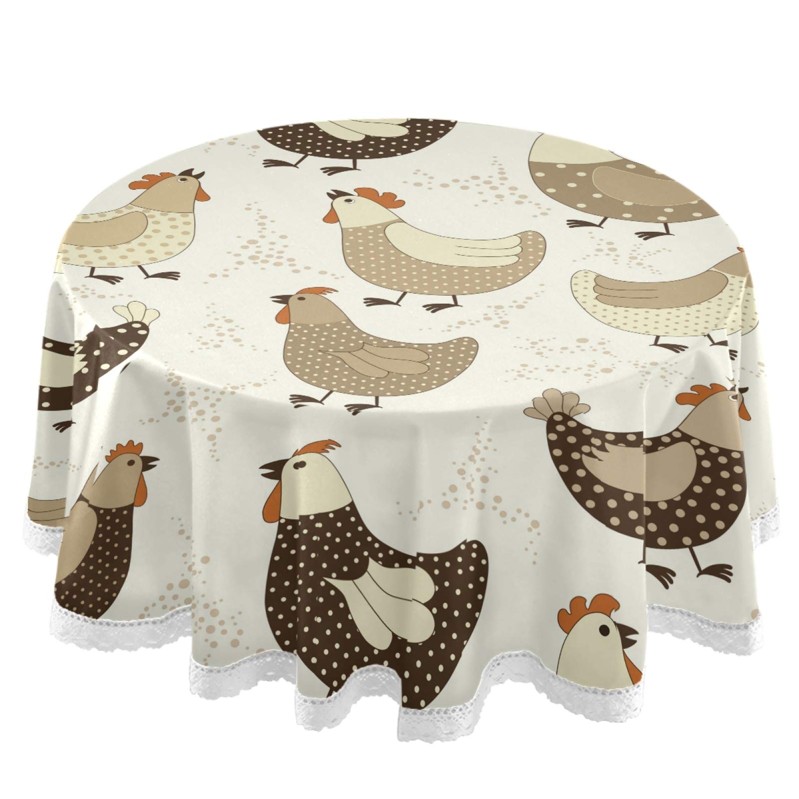 Classic Chicken Cartoon Rooster Polyester White Lace Round Tablecloth - 60 Inch Decorative Table Cover for Party, Dinner & Holiday Decorations - Perfect for Birthday Celebrations, Thanksgiving, and Christmas Dining Table Settings