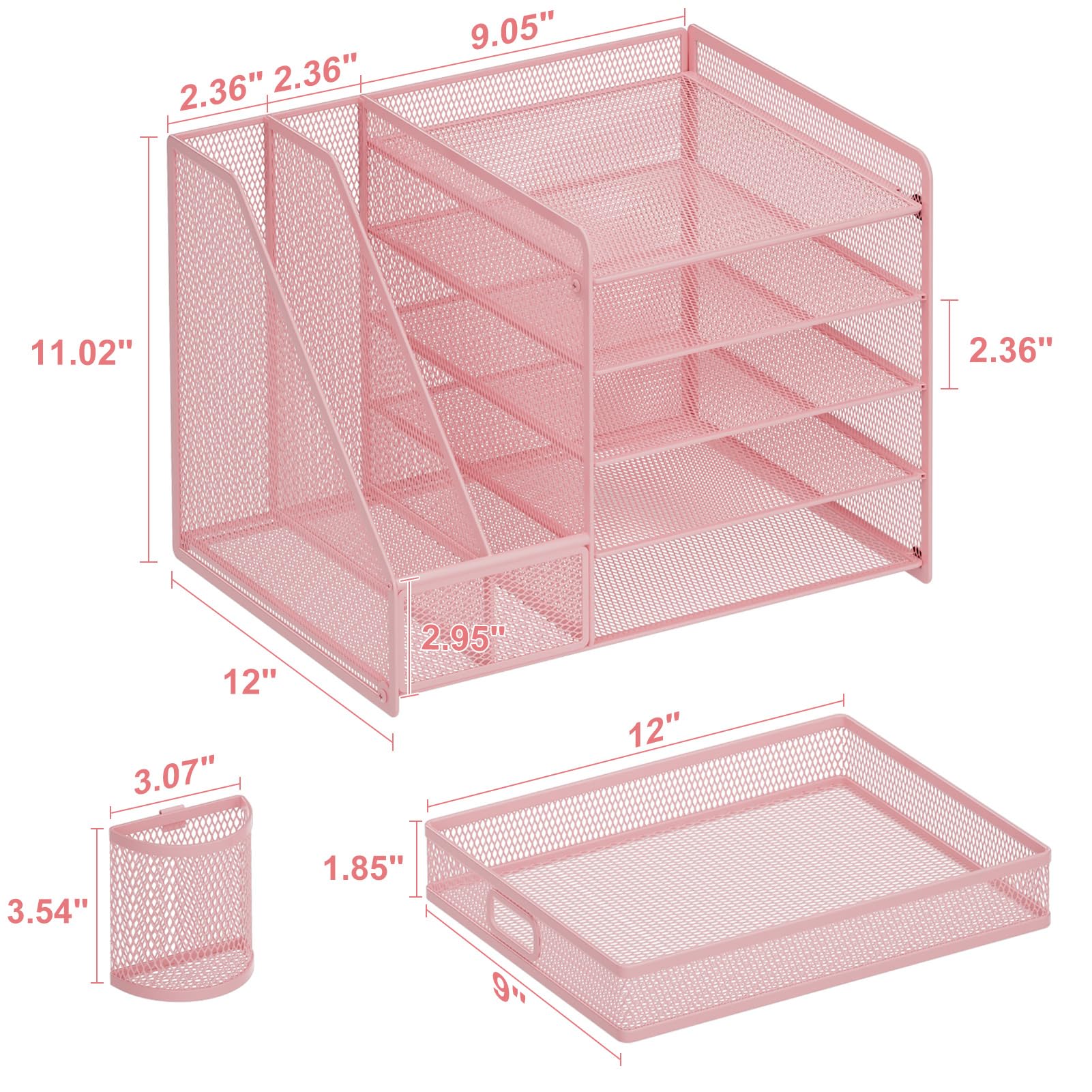5-Tier Mesh Desk Organizer with File Holder, Drawer & Pen Holders - Pink Office Storage for Paper, Magazines & Supplies | Perfect for Home & Office Workspace Organization