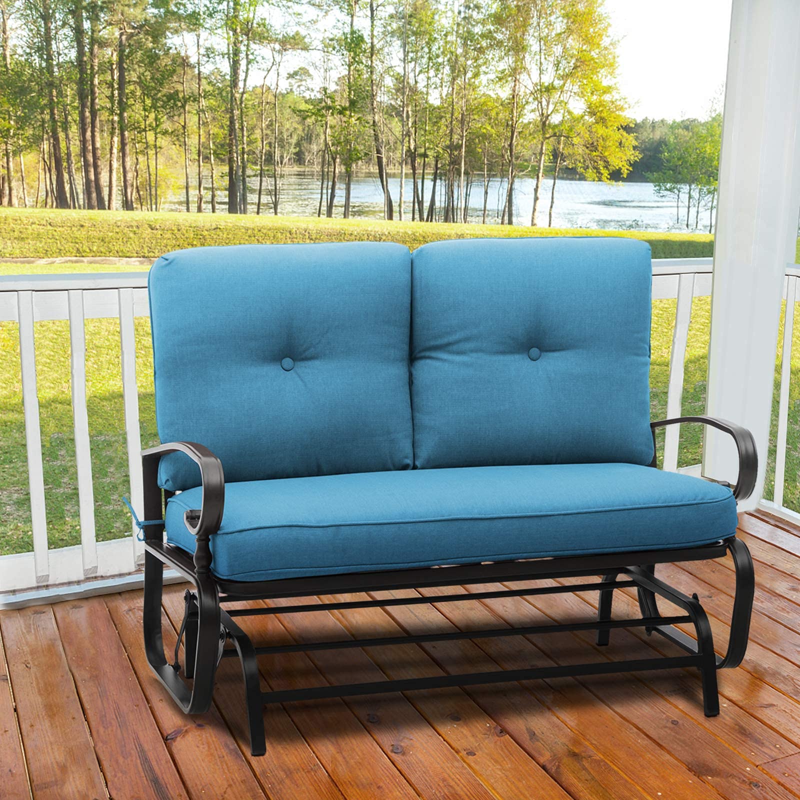 Outdoor Patio Bench Glider Swing - Steel Frame Rocking Loveseat with Thick Cushions (Peacock Blue) - Perfect for Porch, Garden & Backyard Relaxation