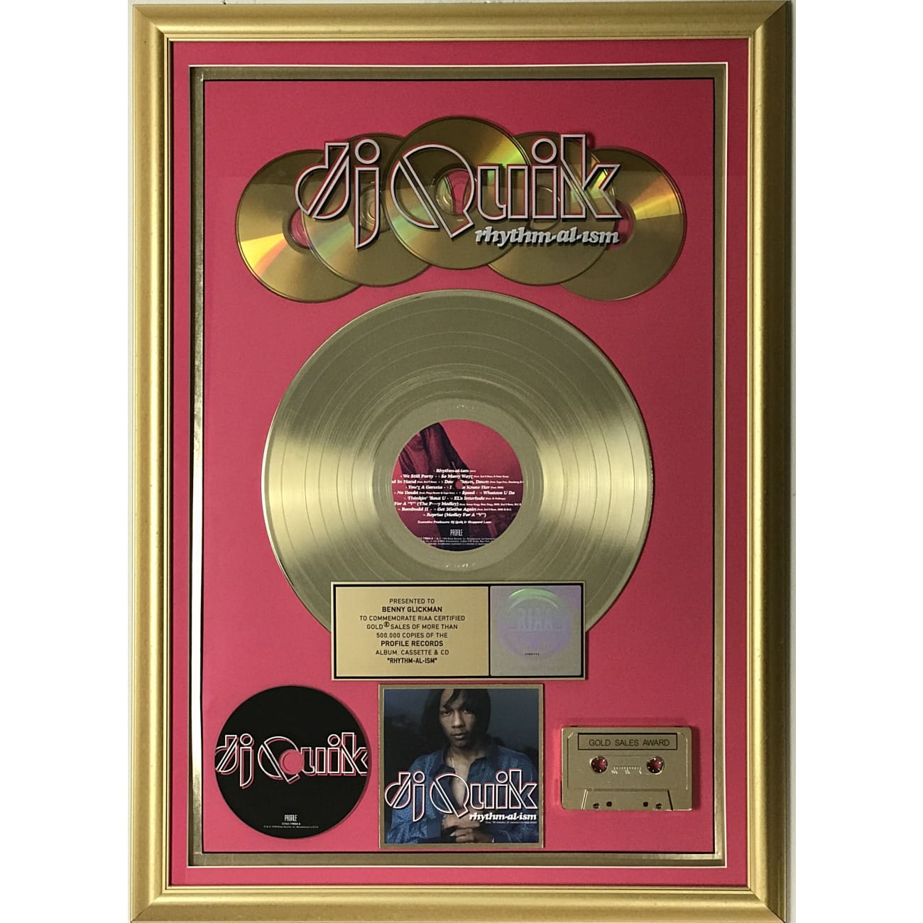 DJ Quik Rhythm Al-Ism RIAA Certified Gold Album Award Plaque - Perfect for Music Collectors & Hip-Hop Memorabilia Displays