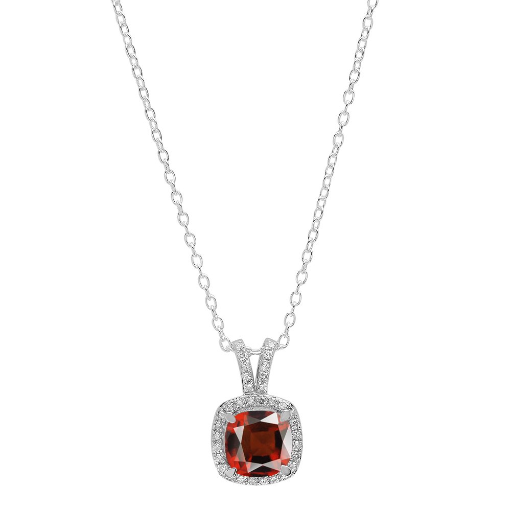 7mm Cushion Garnet & White Diamond Halo Pendant Necklace for Women - 10K Solid White Gold with Chain - Elegant Gift for Anniversary, Valentine's Day & Special Occasions