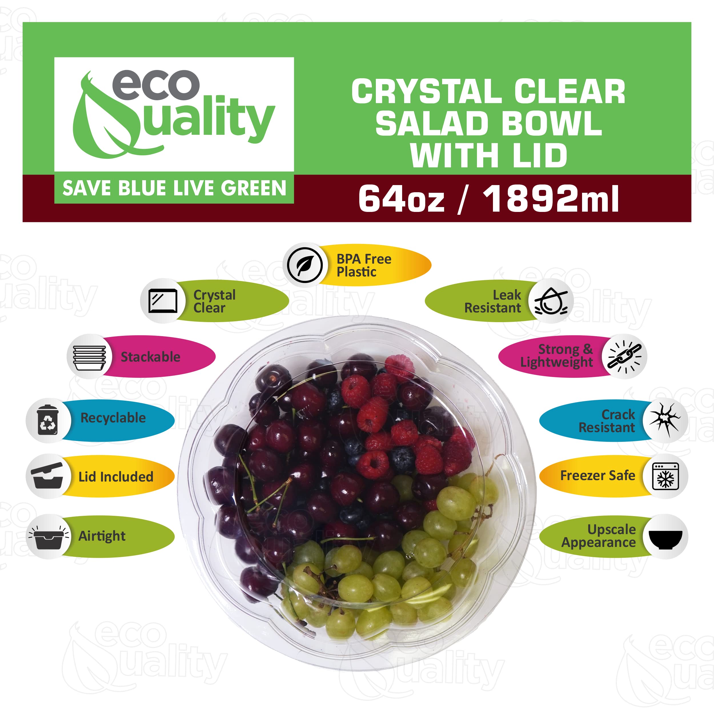 64oz Clear Disposable Salad Bowls with Lids (300 Pack) - Airtight Leak-Proof Plastic Food Containers for Meal Prep, Lunch To-Go, Salads, Fruits, Snacks | Perfect for Picnics, Parties, Catering & Restaurant Takeout (Rose Bowl Design)