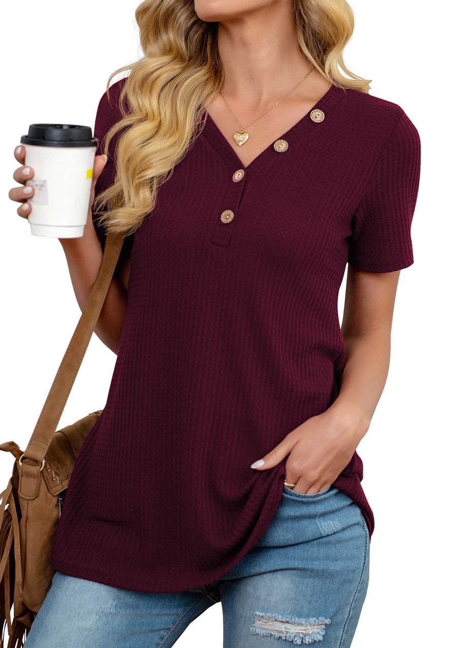 ANIXAY Women's Casual Waffle Knit Tunic Tops - Button Up Blouse with V-Neck, Long & Short Sleeve Loose Shirts for Work, Office & Everyday Wear