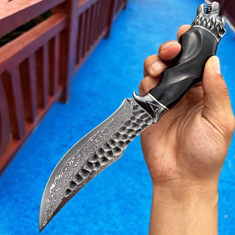 Premium Japanese Hunting Knife - VG-10 Damascus Steel Blade & Exotic Ebony Wood Handle - Ideal for Outdoor Adventures, Camping, and Bushcraft Activities
