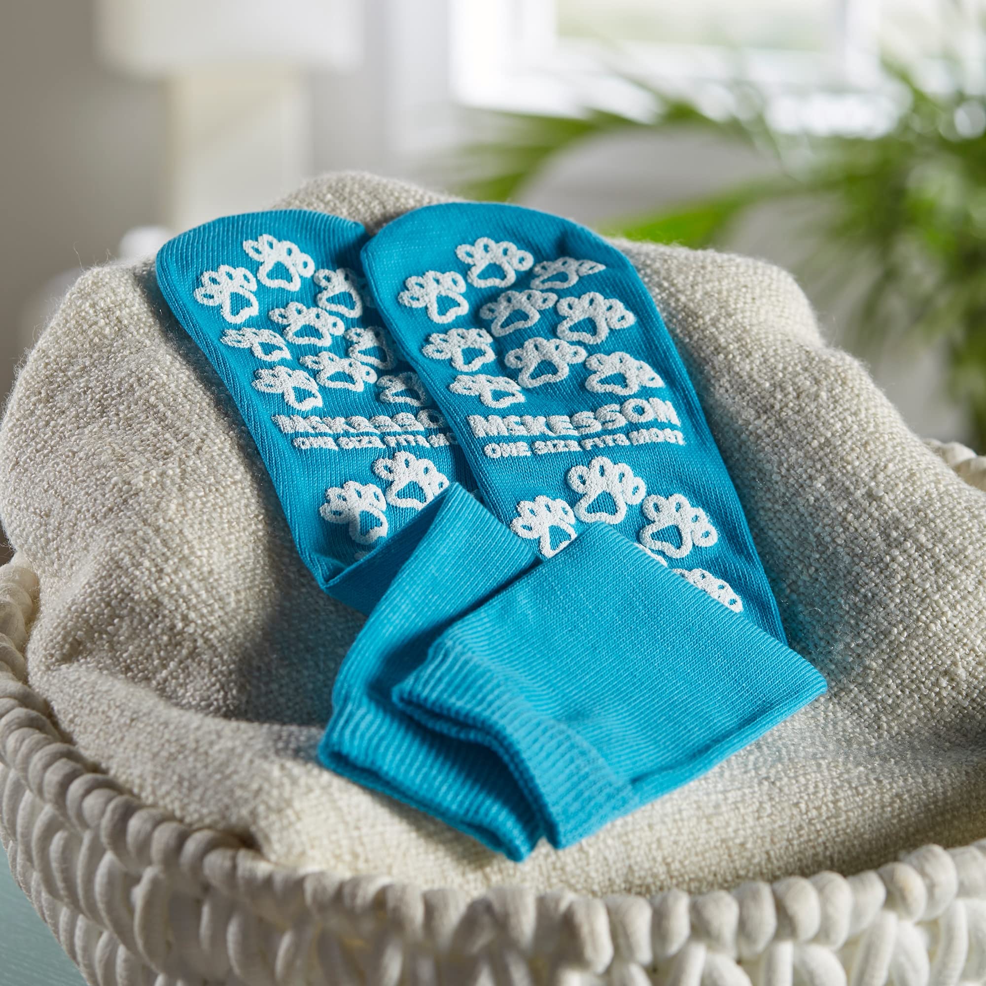 McKesson Non-Slip Grip Socks with Paw Prints - Teal Color, One Size Fits Most (192 Pairs) - Cozy Hospital Socks for Patients, Nursing Homes & Home Recovery