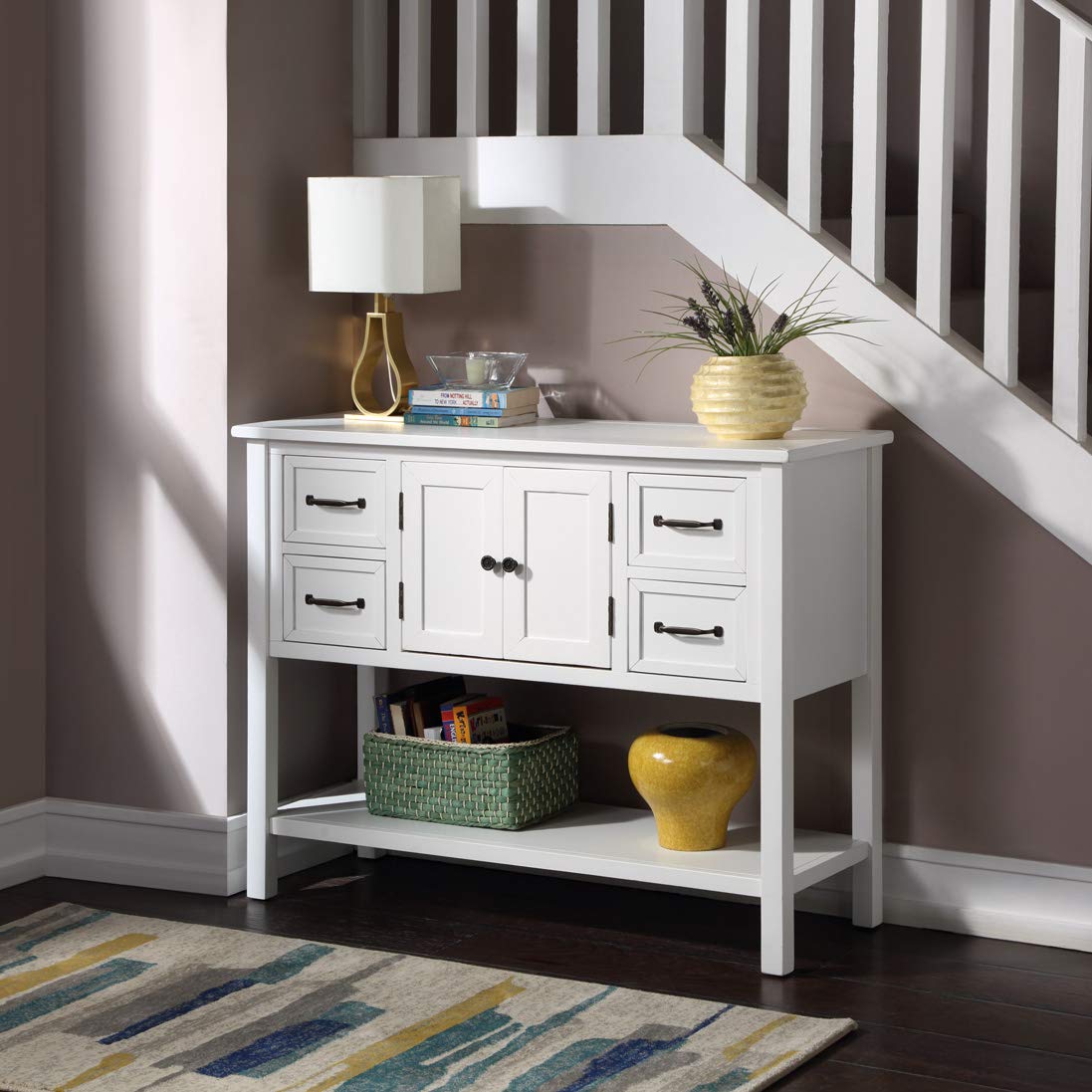 Modern White Wood Console Table with 4 Drawers, Cabinet & Shelf - 43.3