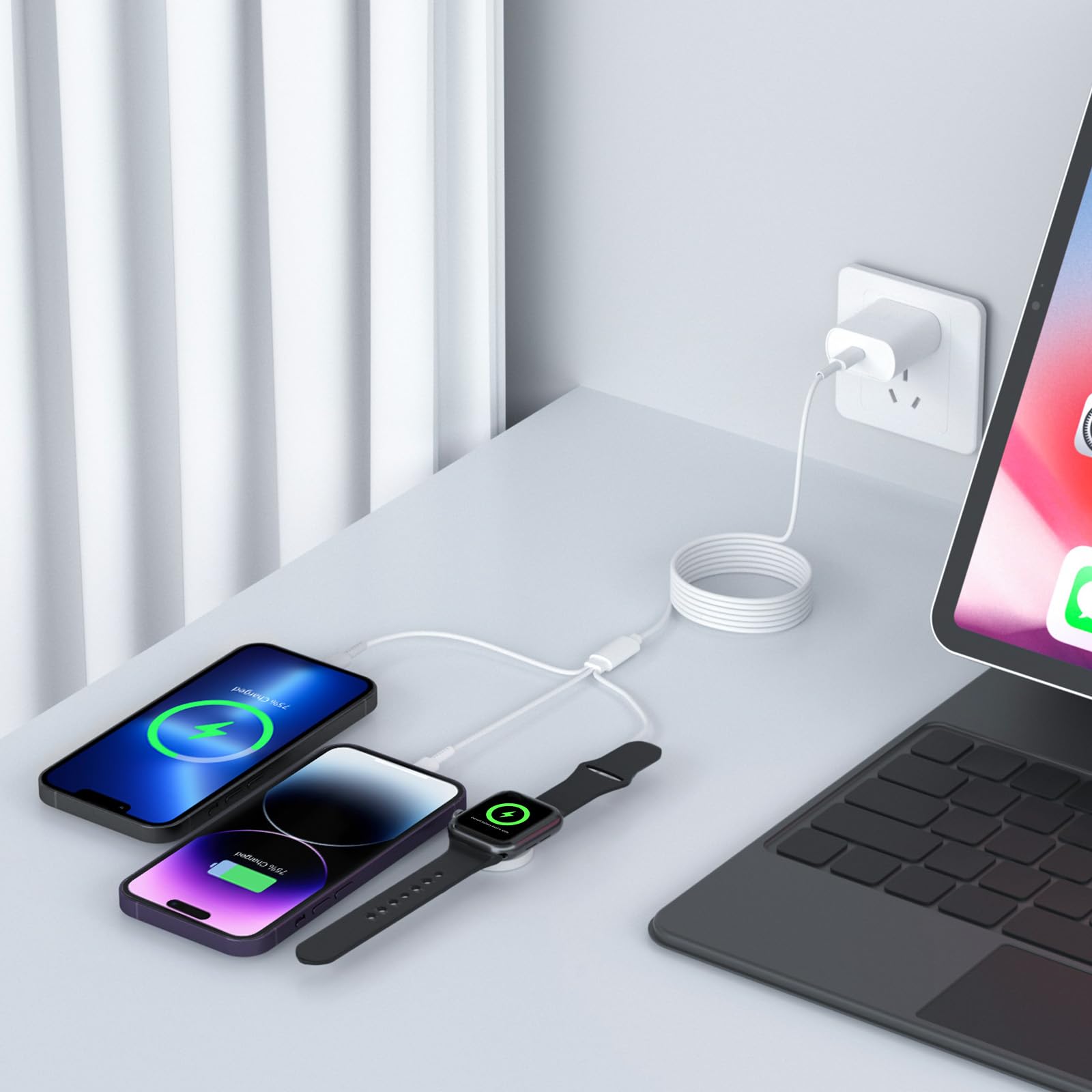 3-in-1 Magnetic Fast Charging Cable 6FT with 20W USB C Charger - Compatible with Apple Watch Series Ultra 2/SE/10/9/8/7/6/5/4/3, iPhone 15/16 Pro Max/14/13/12/11 - Perfect for Travel, Office & Nightstand Charging