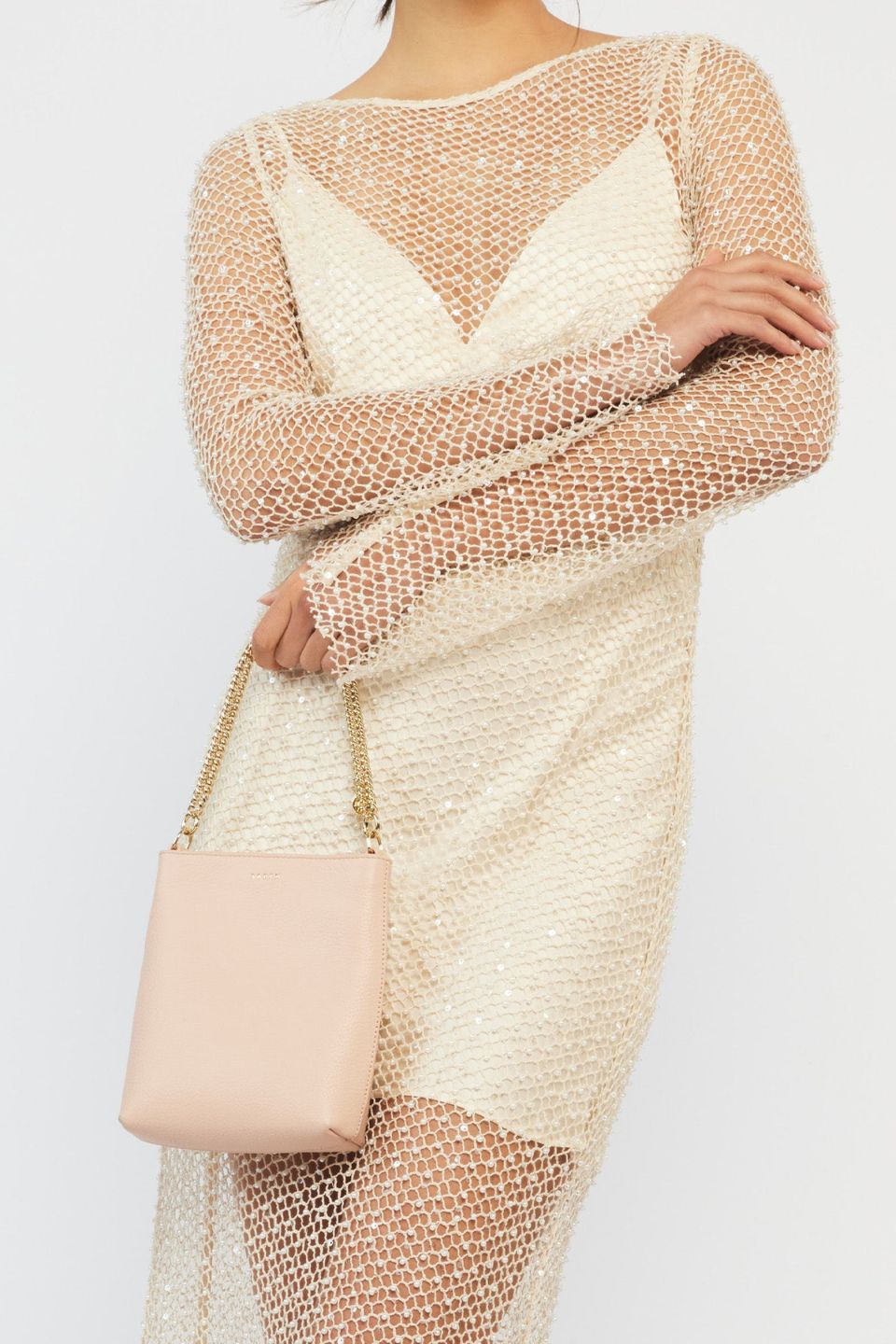Coco Blush Leather Bucket Bag with Gold Chain Strap - Stylish Women's Shoulder Bag for Work, Travel & Date Night