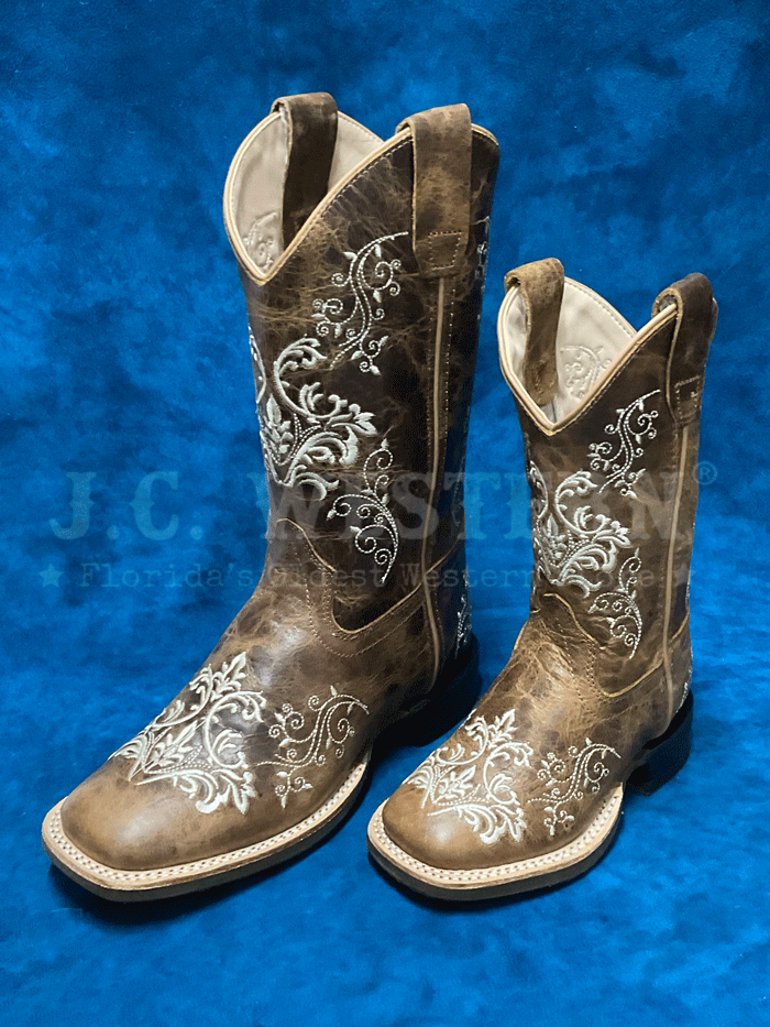 Old West 1958 Kids Embroidered Square Toe Western Boots - Brown Leather Cowboy Boots for Boys & Girls - Perfect for Rodeo, Country Dance & Western Themed Parties