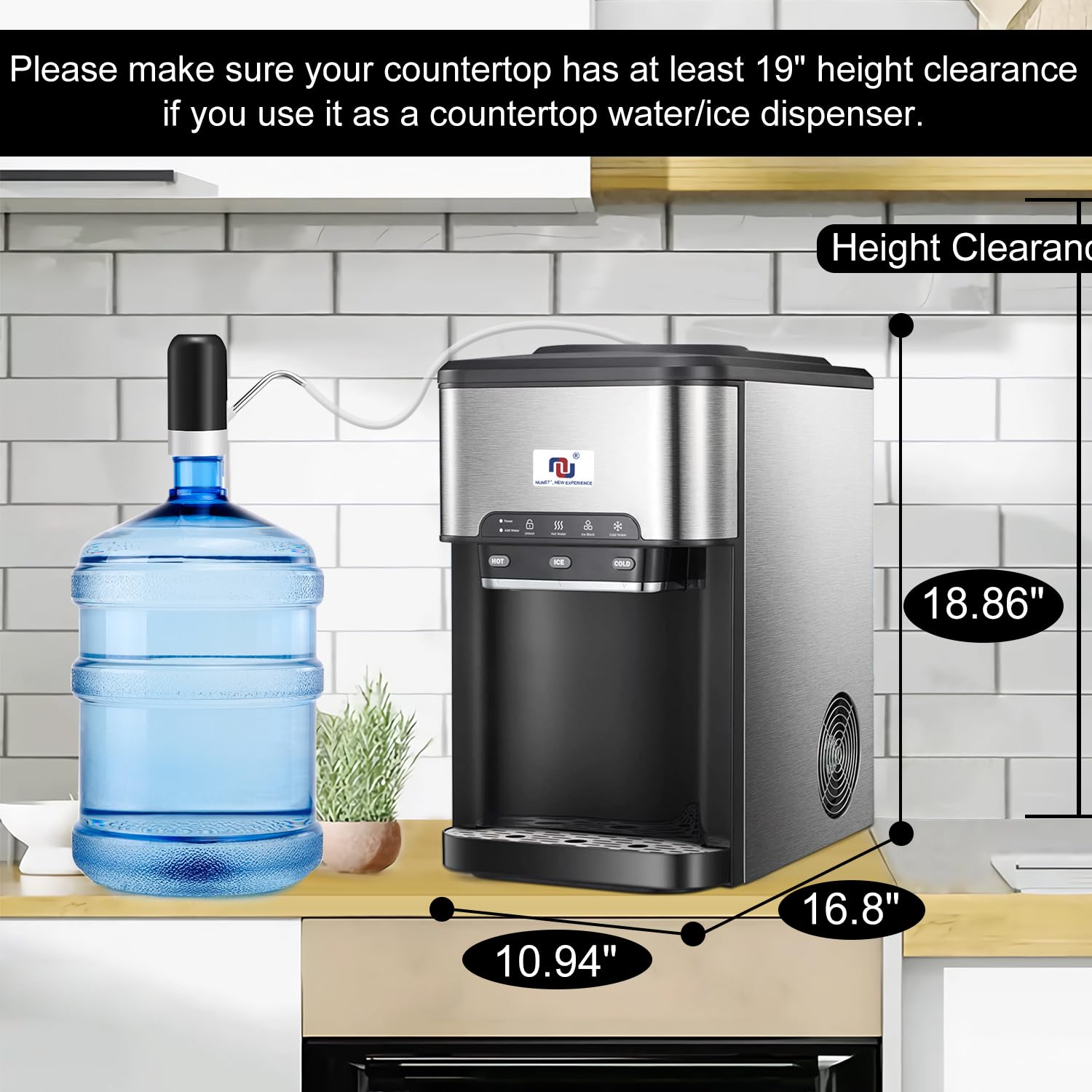 NUNET 3-in-1 Portable Countertop Ice Maker & Hot/Cold Water Dispenser - 44lbs Daily Ice Production, 5 Gallon Capacity, 4lb Ice Storage with Cleaning Kit & Water Pump - Perfect for Home, Office, RV, and Outdoor Use