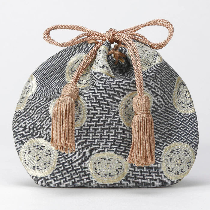 Authentic Nishijin Ori Small Drawstring Pouch - Wheel Design Gray Japanese Traditional Craft Purse from Kyoto | Perfect for Gift Giving, Coin Storage & Cultural Fashion Accessory