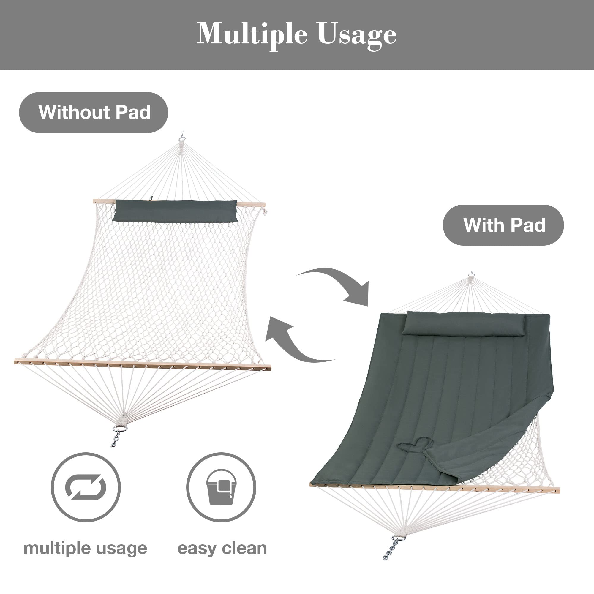 **SUNCREAT Portable Double Rope Hammock with Comfortable Pad - 2 Person Outdoor Hammock for Garden, Backyard, Patio, Poolside & Camping - Durable & Lightweight - Perfect for Relaxation & Adventure (Gray Green)**