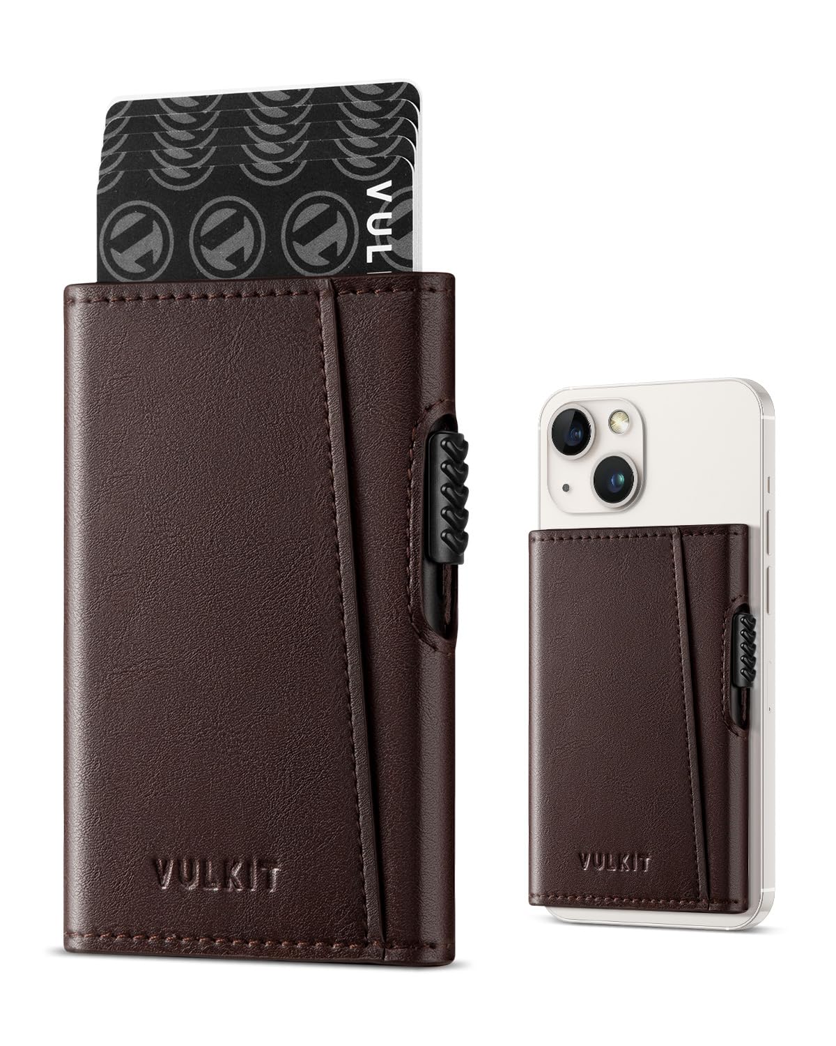 VULKIT Magnetic Wallet Card Holder - Slim Leather Pop Up Phone Case with NFC/RFID Blocking, Compatible with iPhone 16/15/14/13/12 Series (Espresso Brown) - Perfect for Everyday Use, Travel & Contactless Payments