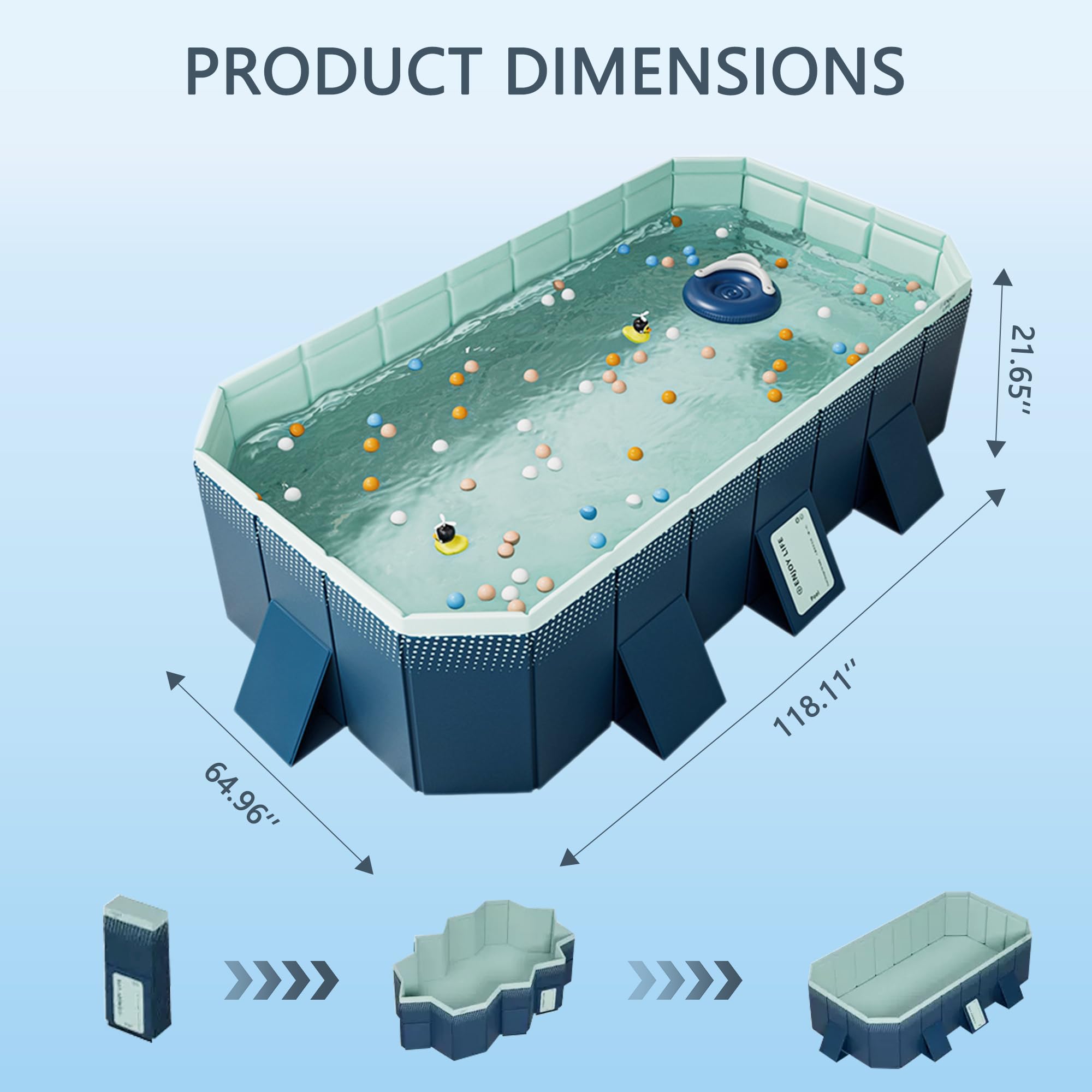 Foldable Non-Inflatable Rectangular Above Ground Swimming Pool for Kids & Adults - Durable Hard Plastic Shell Backyard Pool (118.11