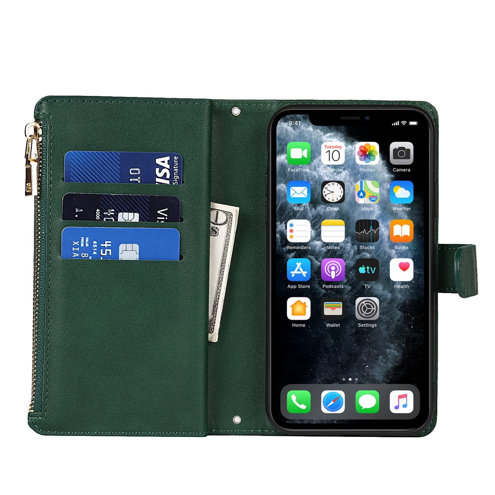 Jaorty iPhone 11 Pro Max Wallet Case (6.7 Inch) - PU Leather Phone Case with Card Holder, Zipper Pocket & Adjustable Strap - Dark Green - Perfect for Everyday Use, Travel & Hands-Free Convenience