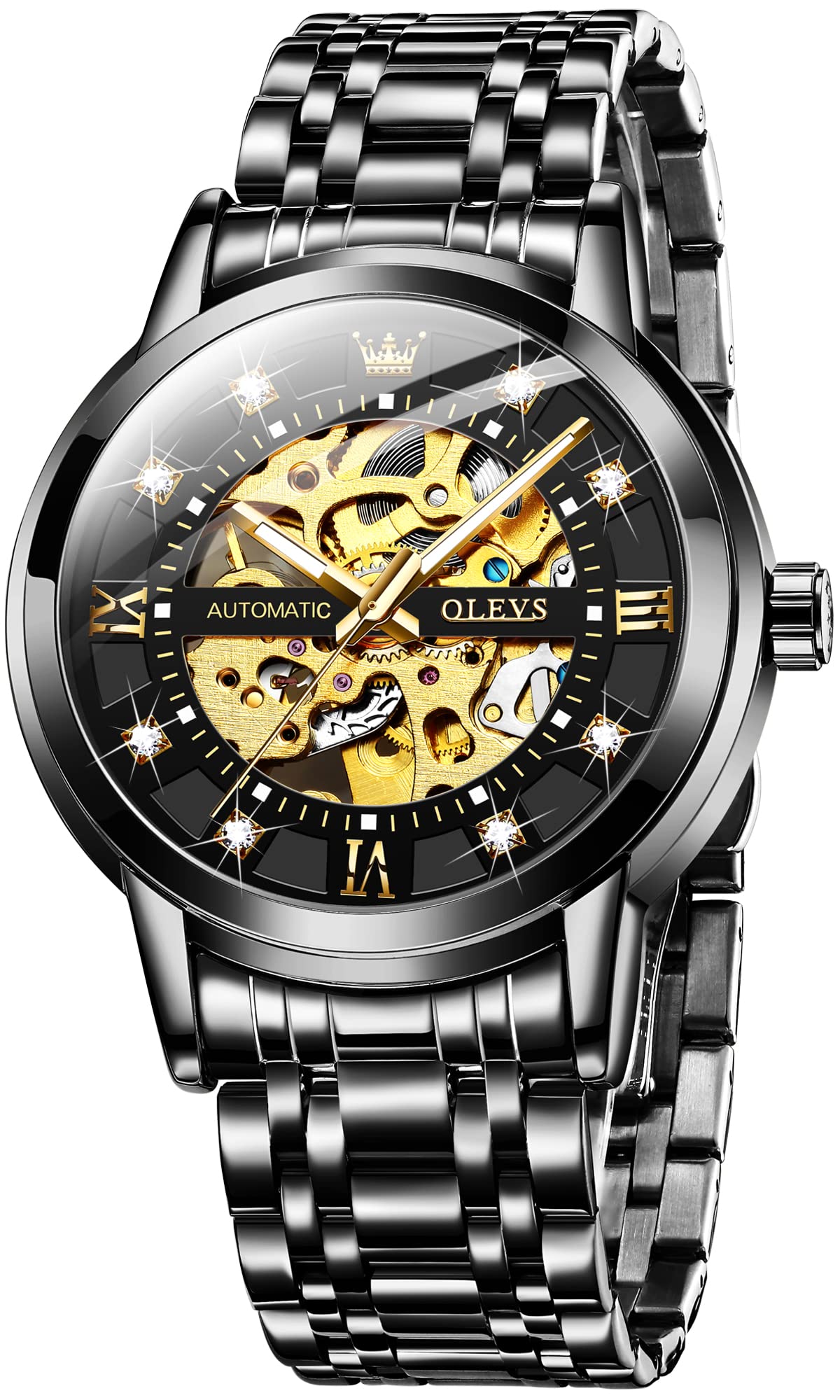 OLEVS Men's Automatic Skeleton Diamond Luxury Mechanical Watch - Self Winding Dress Business Wristwatch - Waterproof & Luminous - Perfect for Formal Events, Business Meetings & Everyday Wear