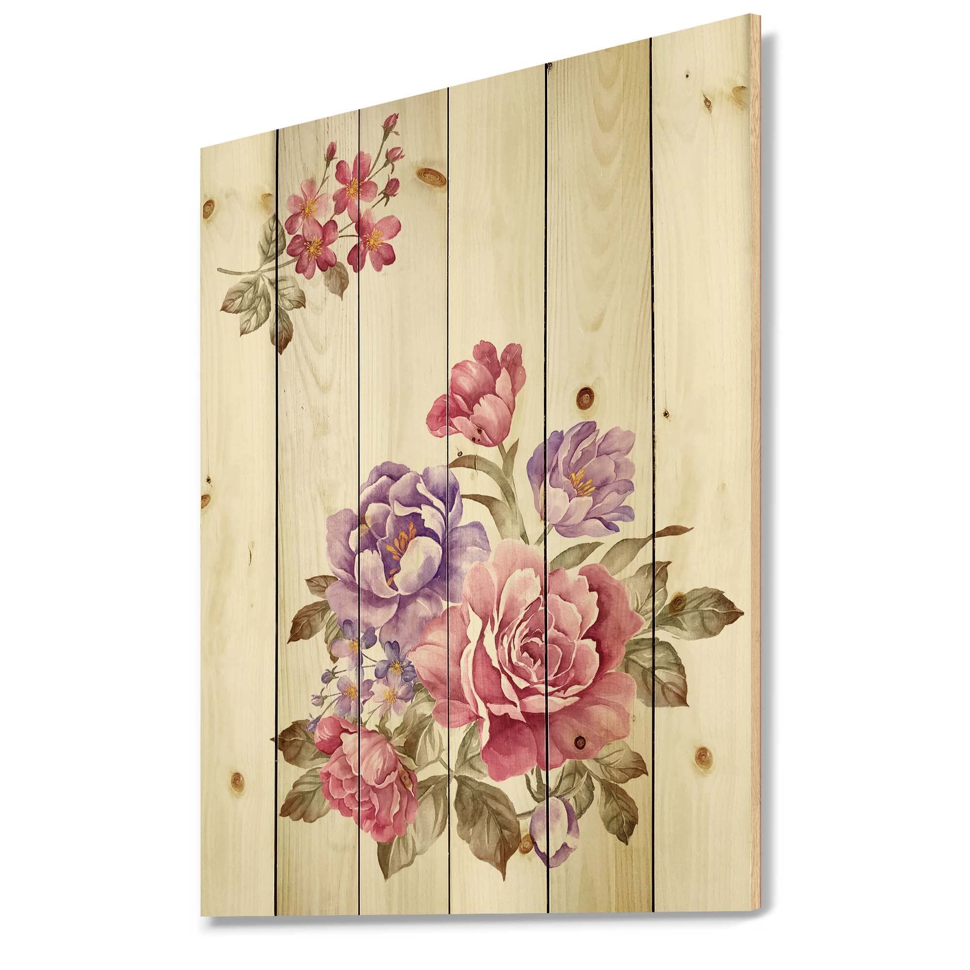 Farmhouse Wood Wall Decor - Pink and Purple Floral Bouquet Wall Art, Large Printed Pine Wood Panels for Living Room, Bedroom & Home Decor