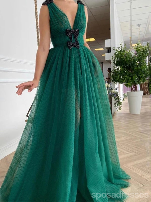 Elegant Green A-Line Deep V-Neck High Slit Long Prom Dress for Women - Perfect for Homecoming, Ballroom Dance & Formal Events