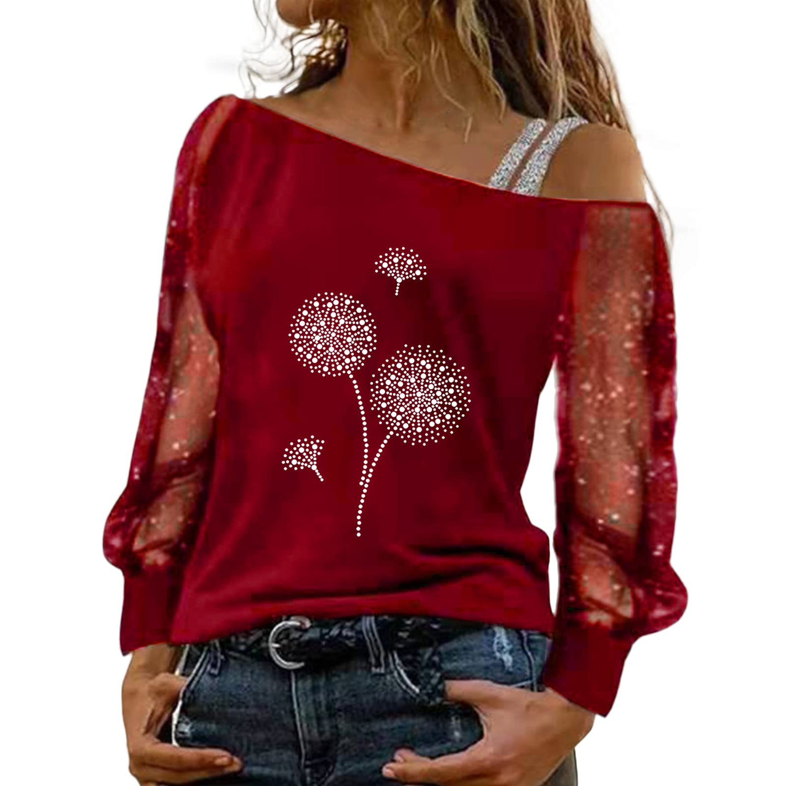 Women's Sequin Print Mesh Long Sleeve Cold Shoulder Blouse - Loose Fit Western Style Work Tops for Office, Party & Casual Wear