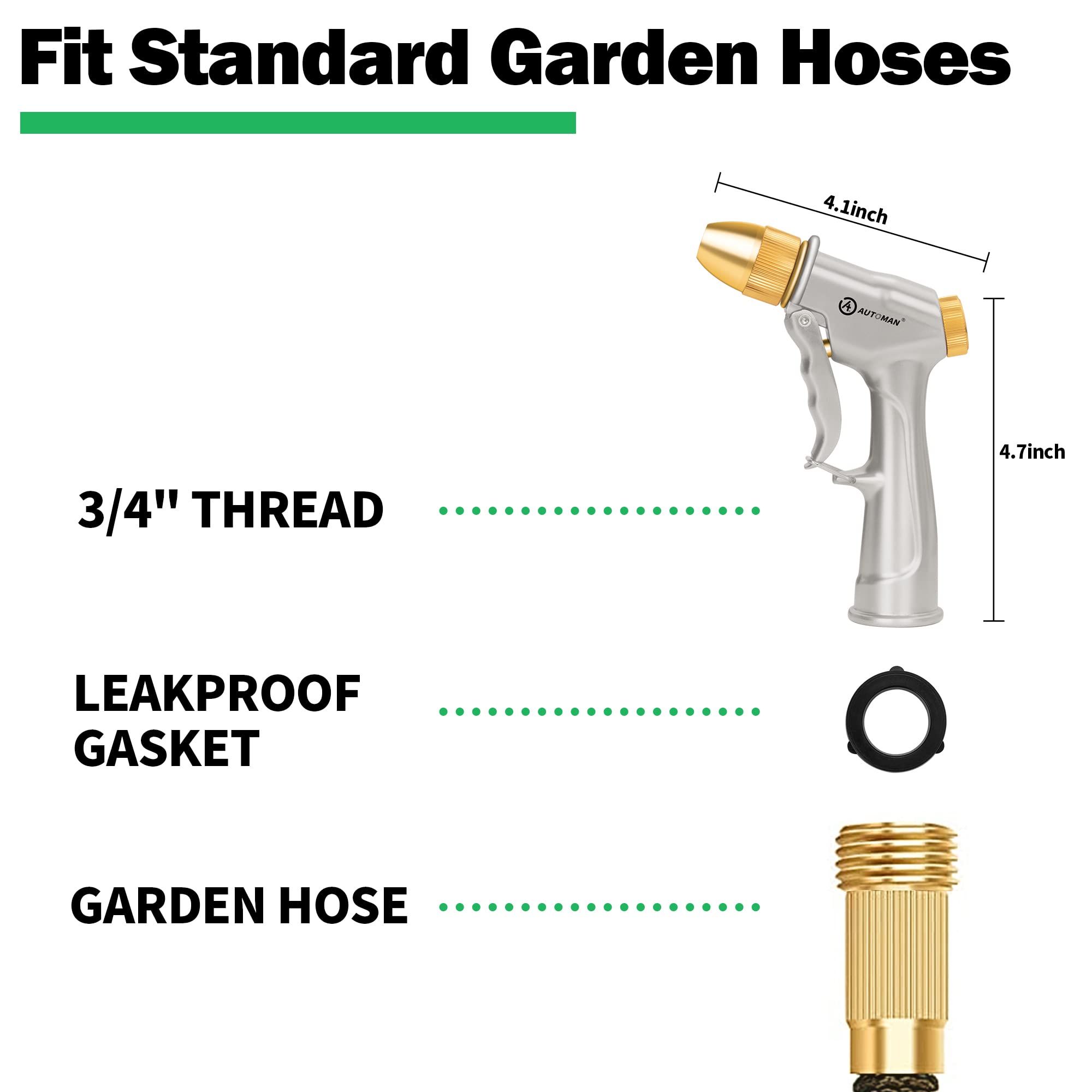 AUTOMAN Heavy Duty Metal Garden Hose Nozzle Sprayer - High Pressure Water Spray Nozzle with 4 Adjustable Patterns - Perfect for Watering Plants, Lawn Care, Car Washing & Pet Grooming - Ideal for Home Gardening, Outdoor Cleaning and Backyard Maintenance
