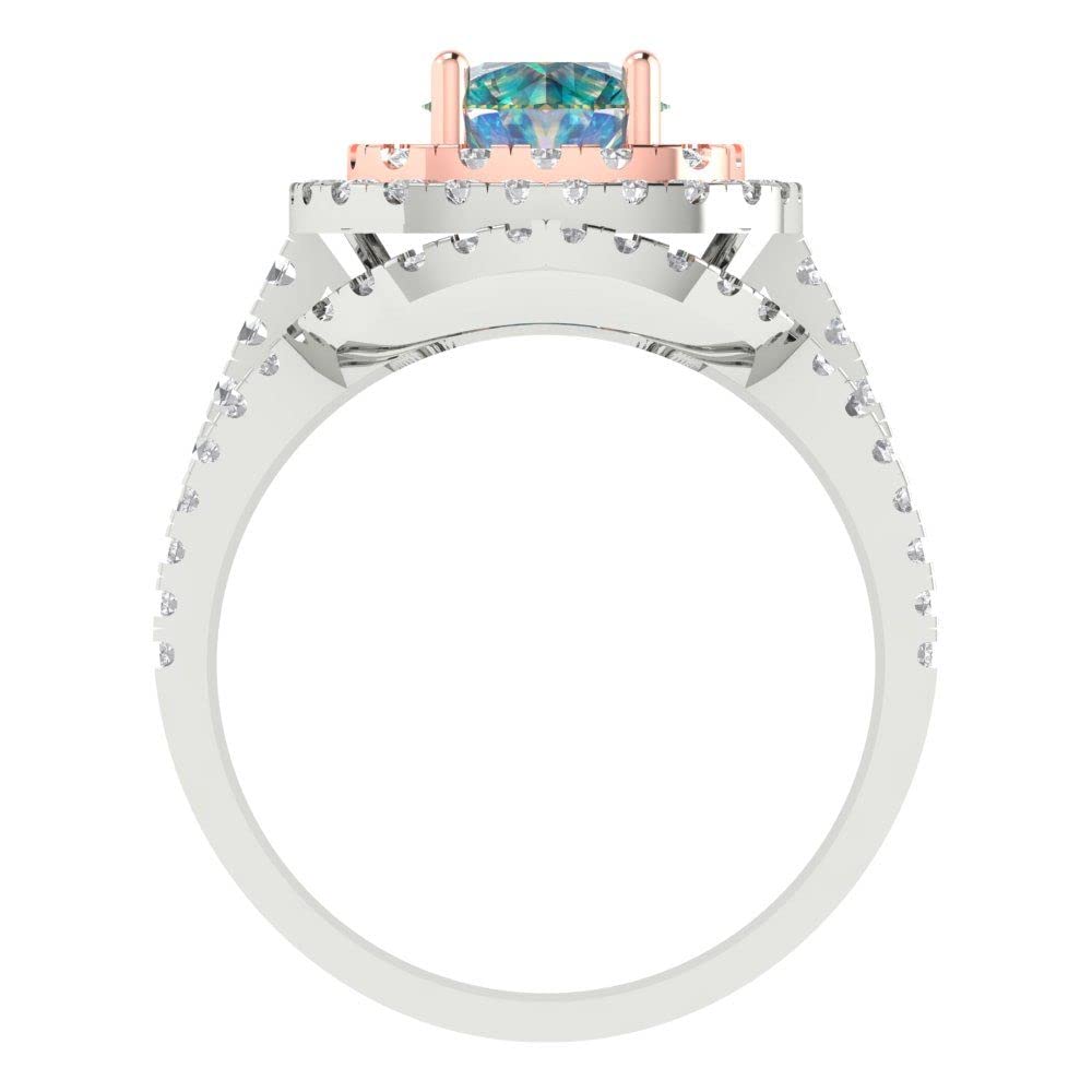 2.0ct Round Cut Halo Solitaire Blue Moissanite Engagement Ring - 14k White & Rose Gold Wedding Band Set for Women | Anniversary, Promise, Bridal Jewelry Gift for Her | Perfect for Proposals, Weddings & Special Occasions