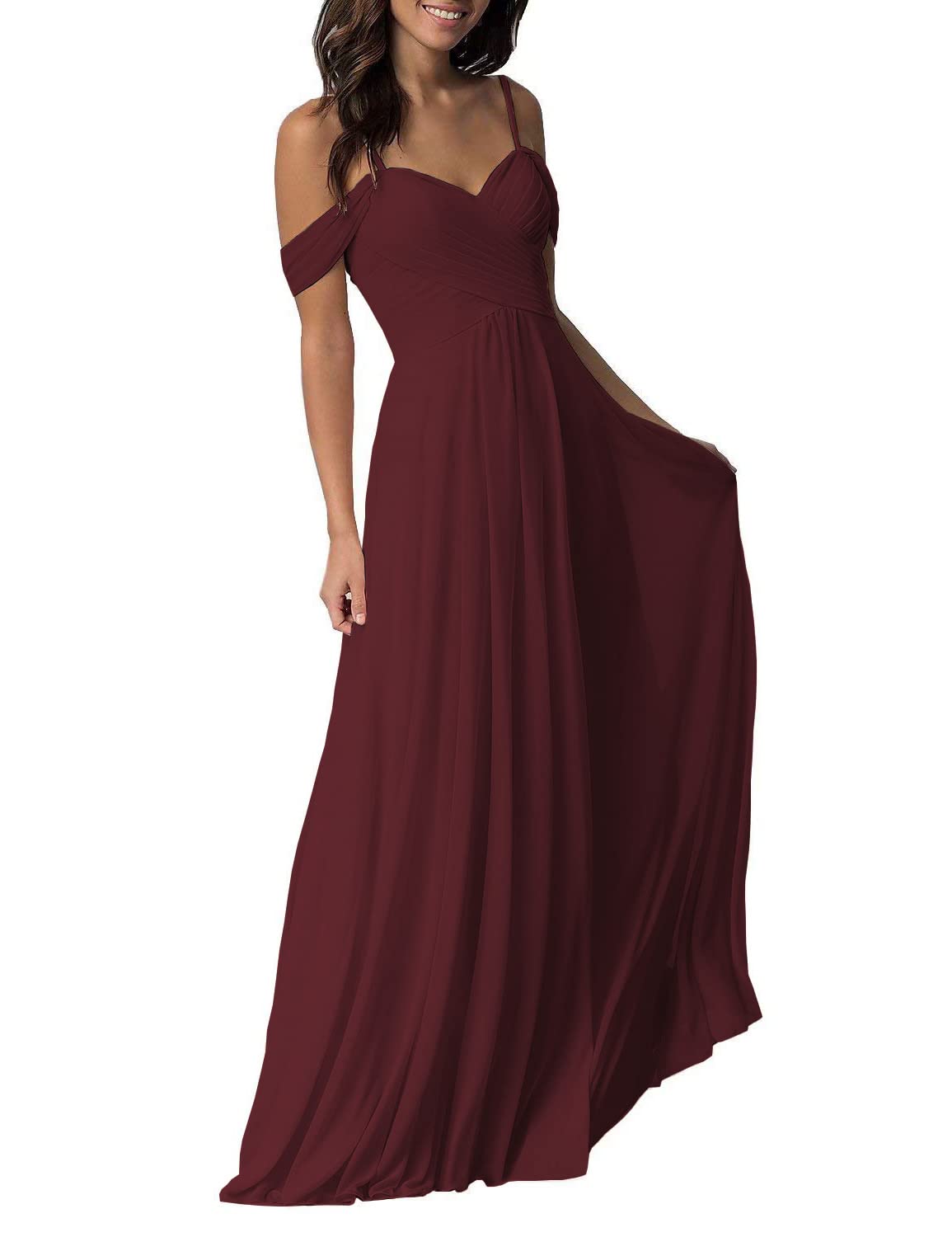Burgundy Bridesmaid Dresses Long Off The Shoulder Pleated Chiffon Formal Gown for Women Wedding Guest Party Evening Reception Size 4 - Elegant & Comfortable for Special Occasions